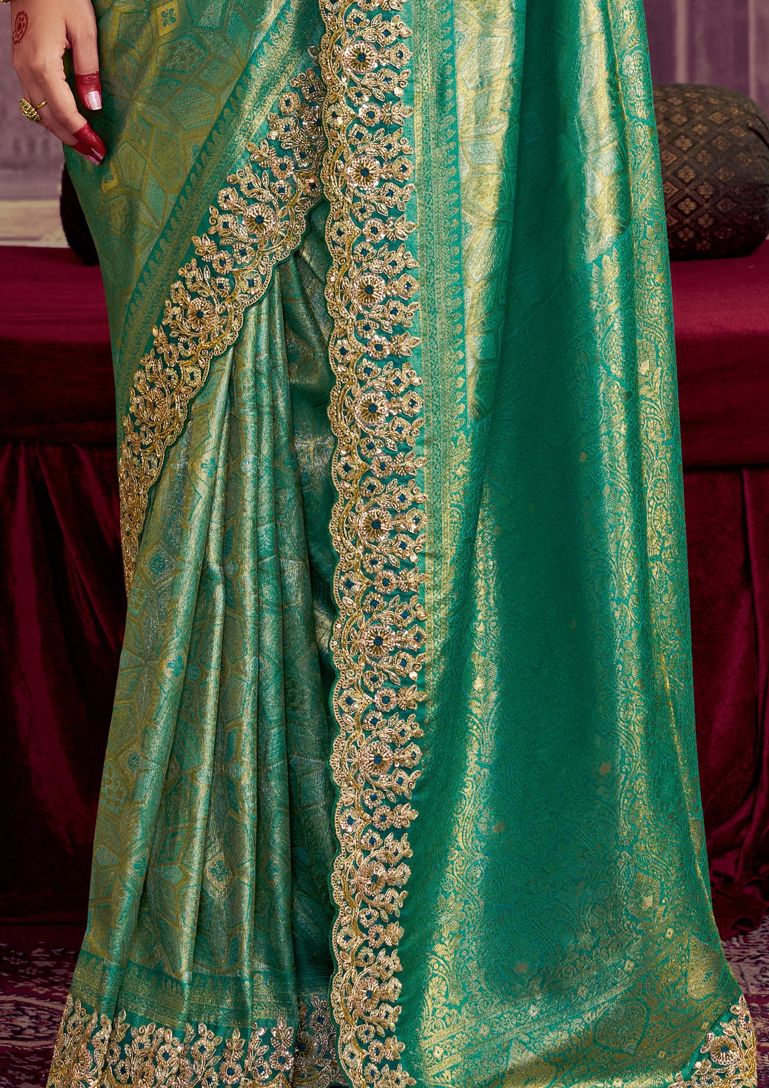 Sparkle Green Embellished Kanjivaram Silk Saree - Image 3