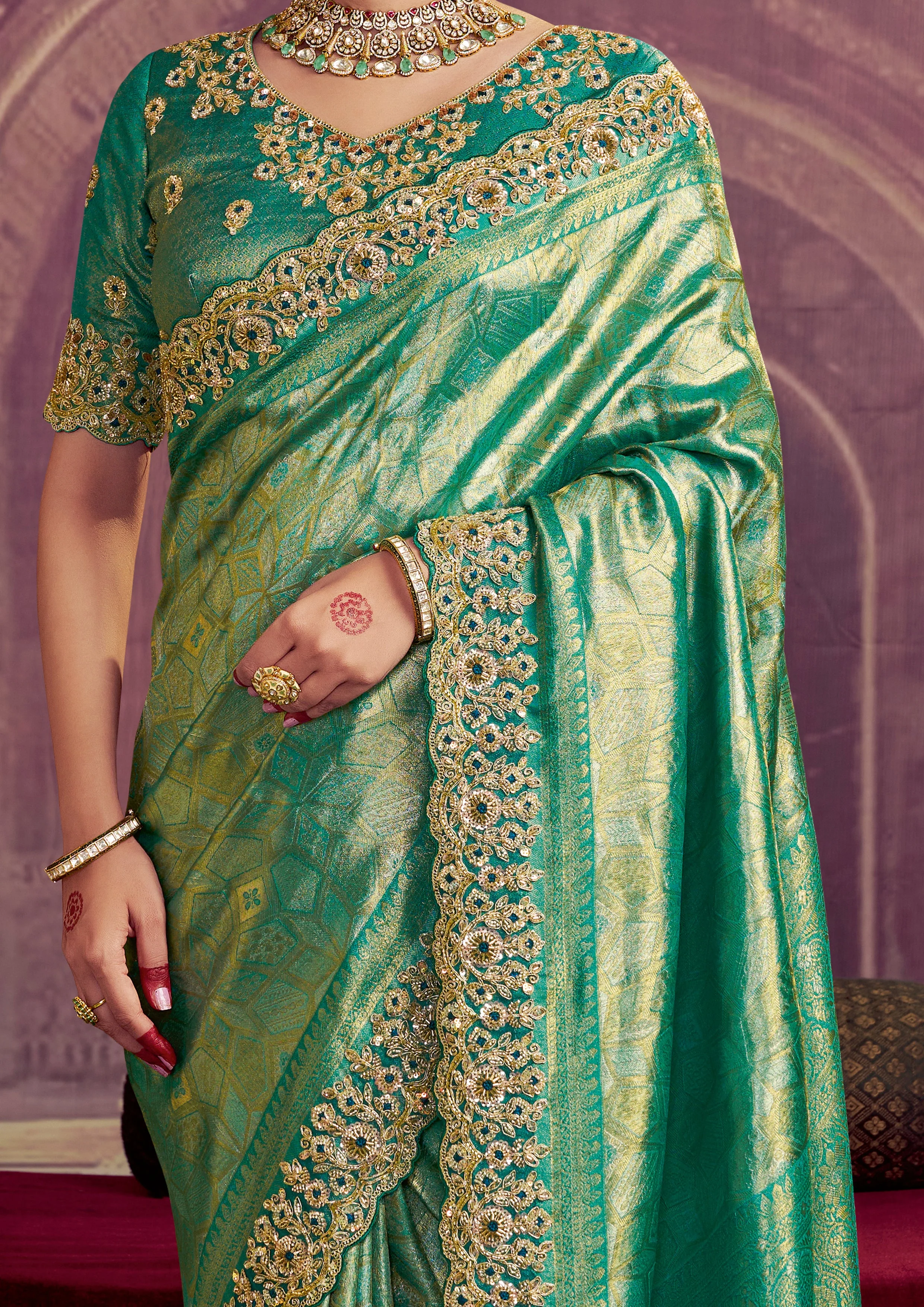 Sparkle Green Embellished Kanjivaram Silk Saree - Image 4