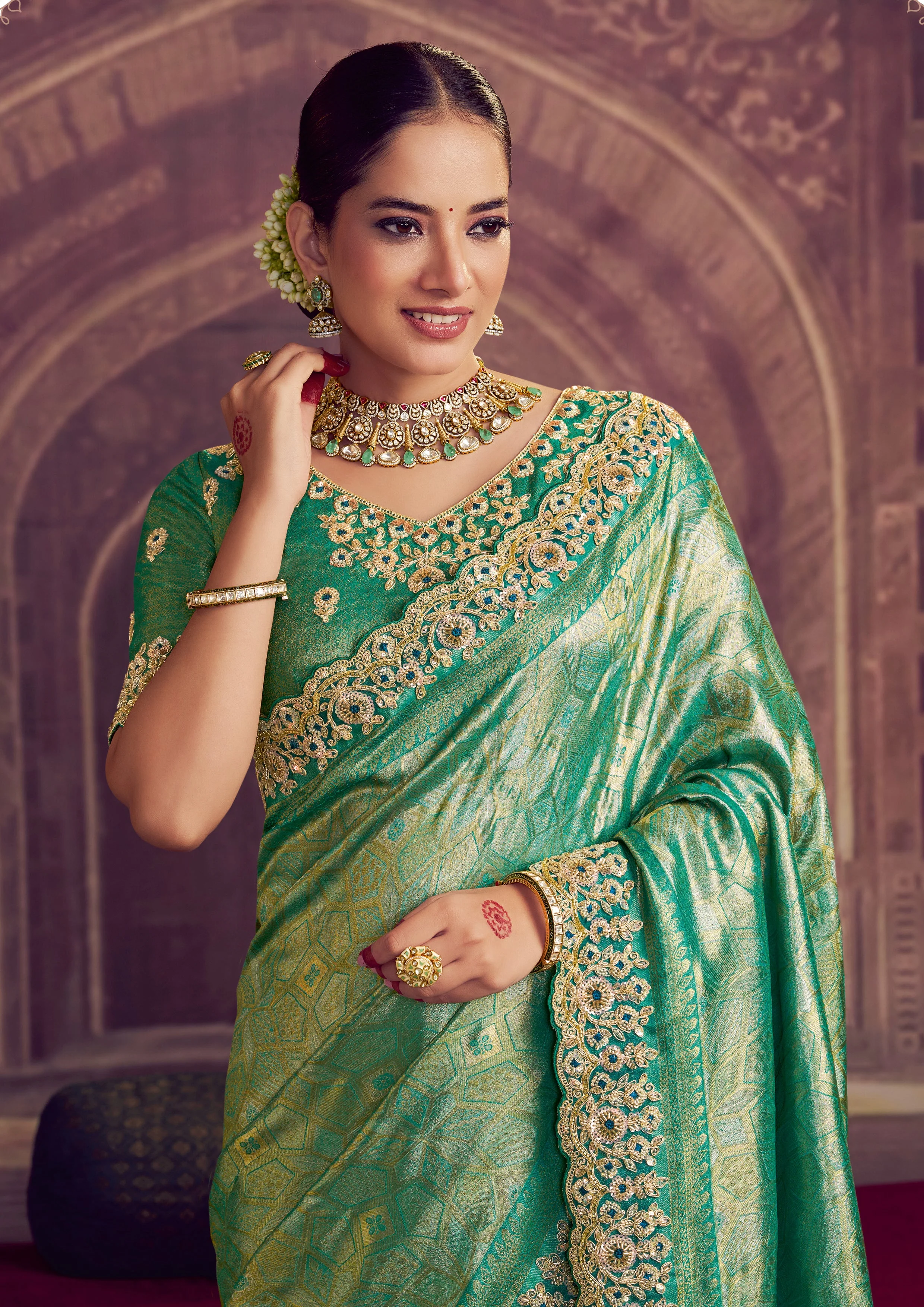 Sparkle Green Embellished Kanjivaram Silk Saree - Image 5