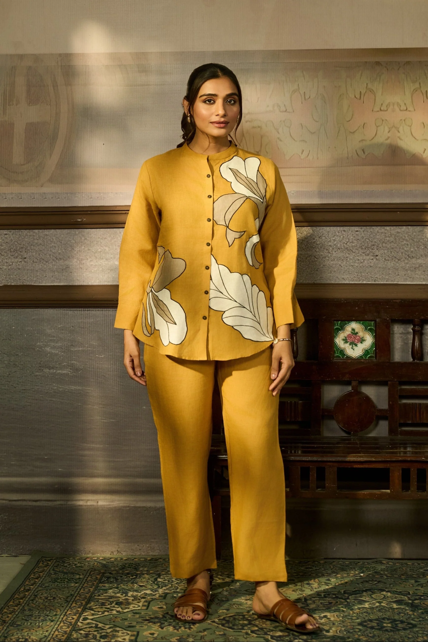 Mustard Yellow Applique Linen Co-ord Set