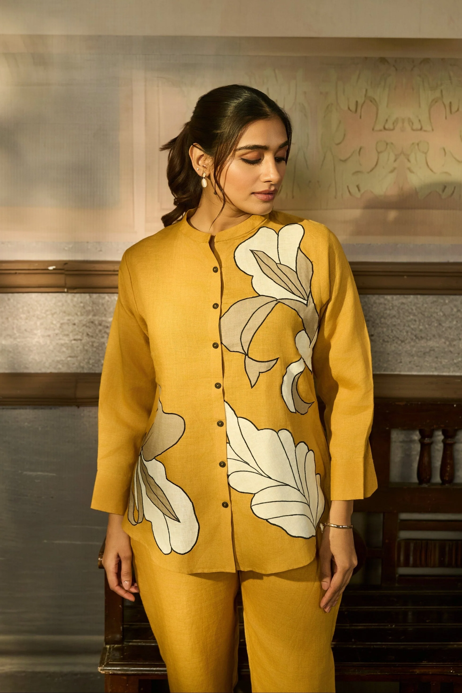 Mustard Yellow Applique Linen Co-ord Set - Image 2