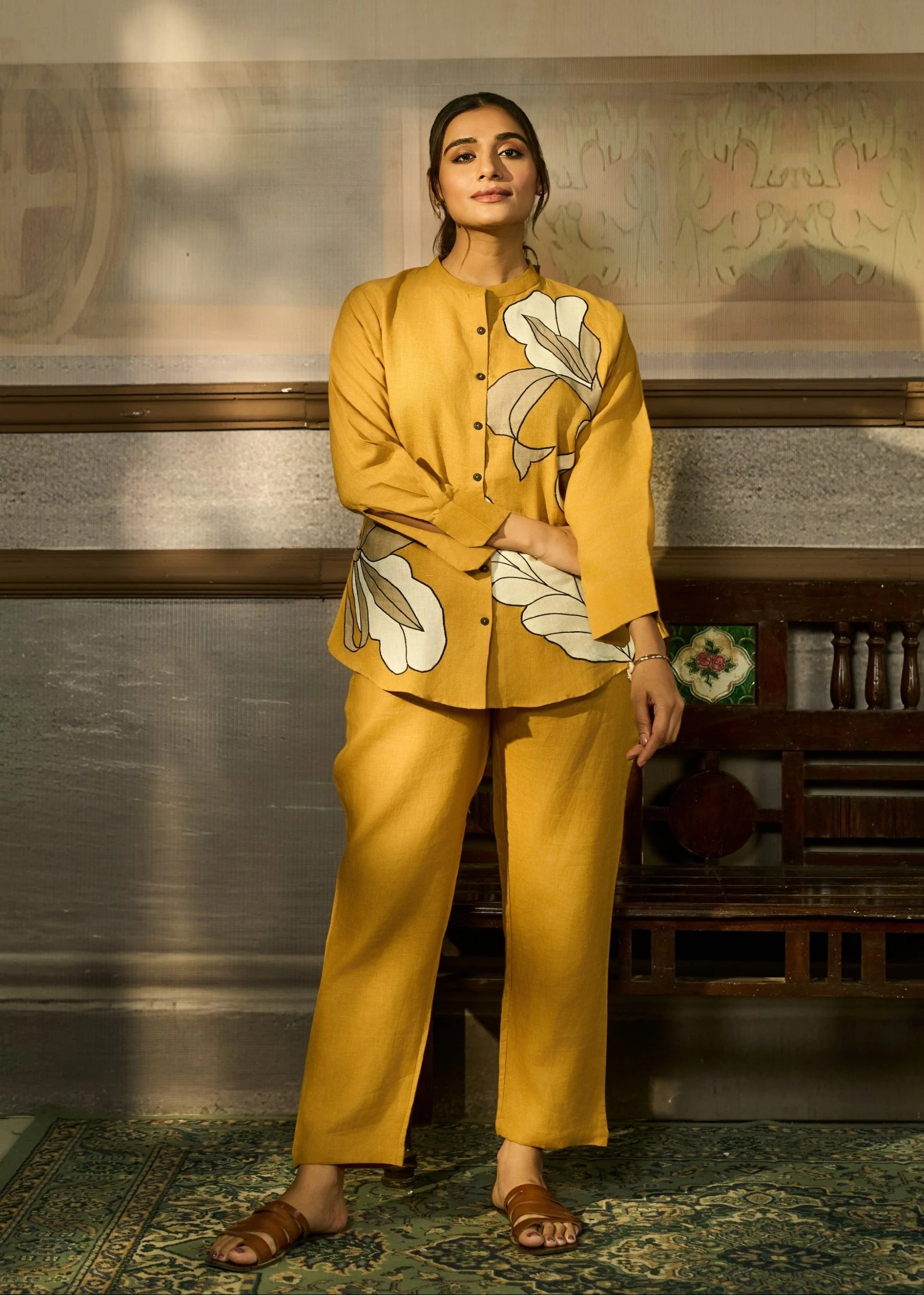 Mustard Yellow Applique Linen Co-ord Set - Image 3