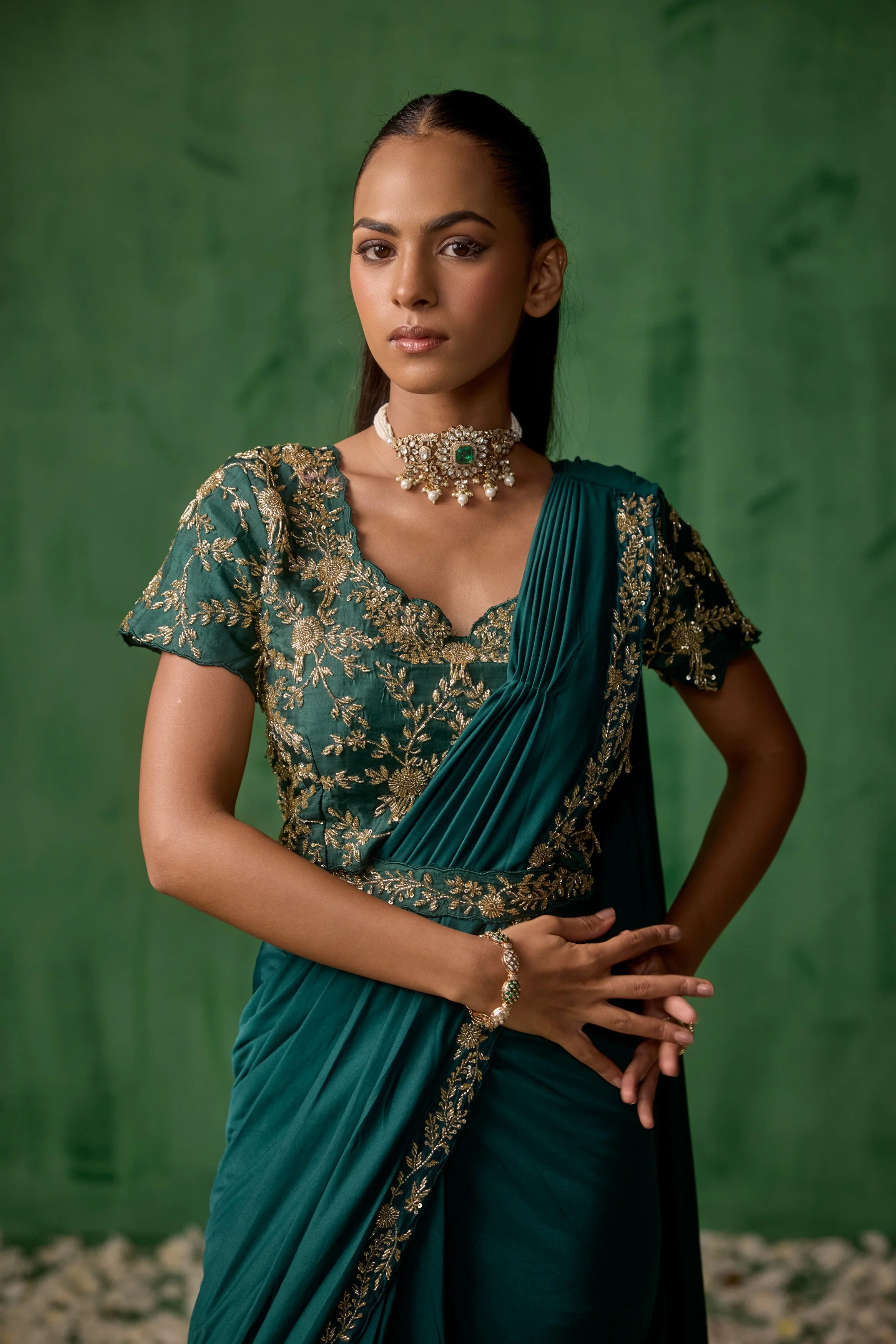 Emerald Teal Embellished Lycra Silk Draped Saree - Image 3