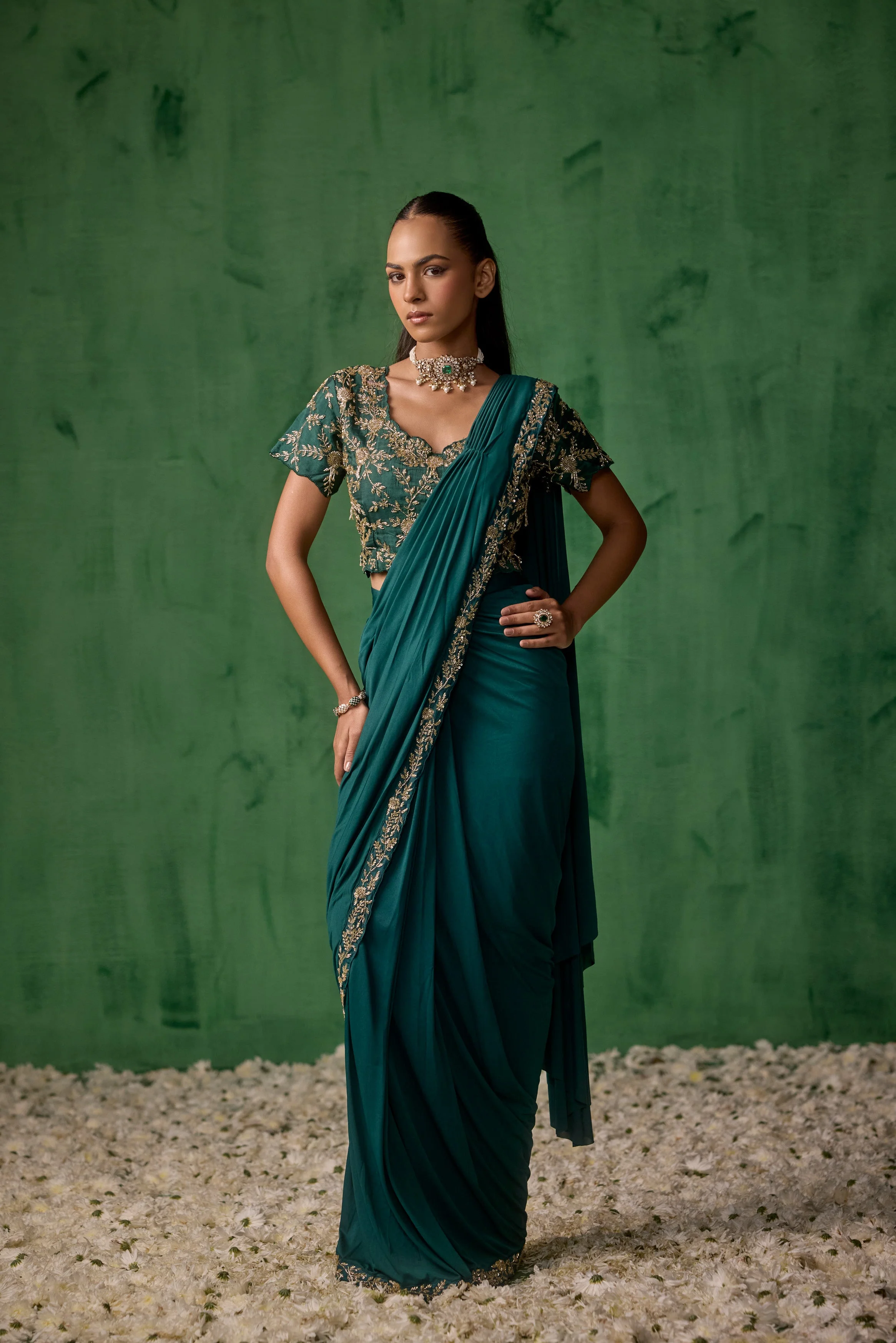 Emerald Teal Embellished Lycra Silk Draped Saree - Image 4