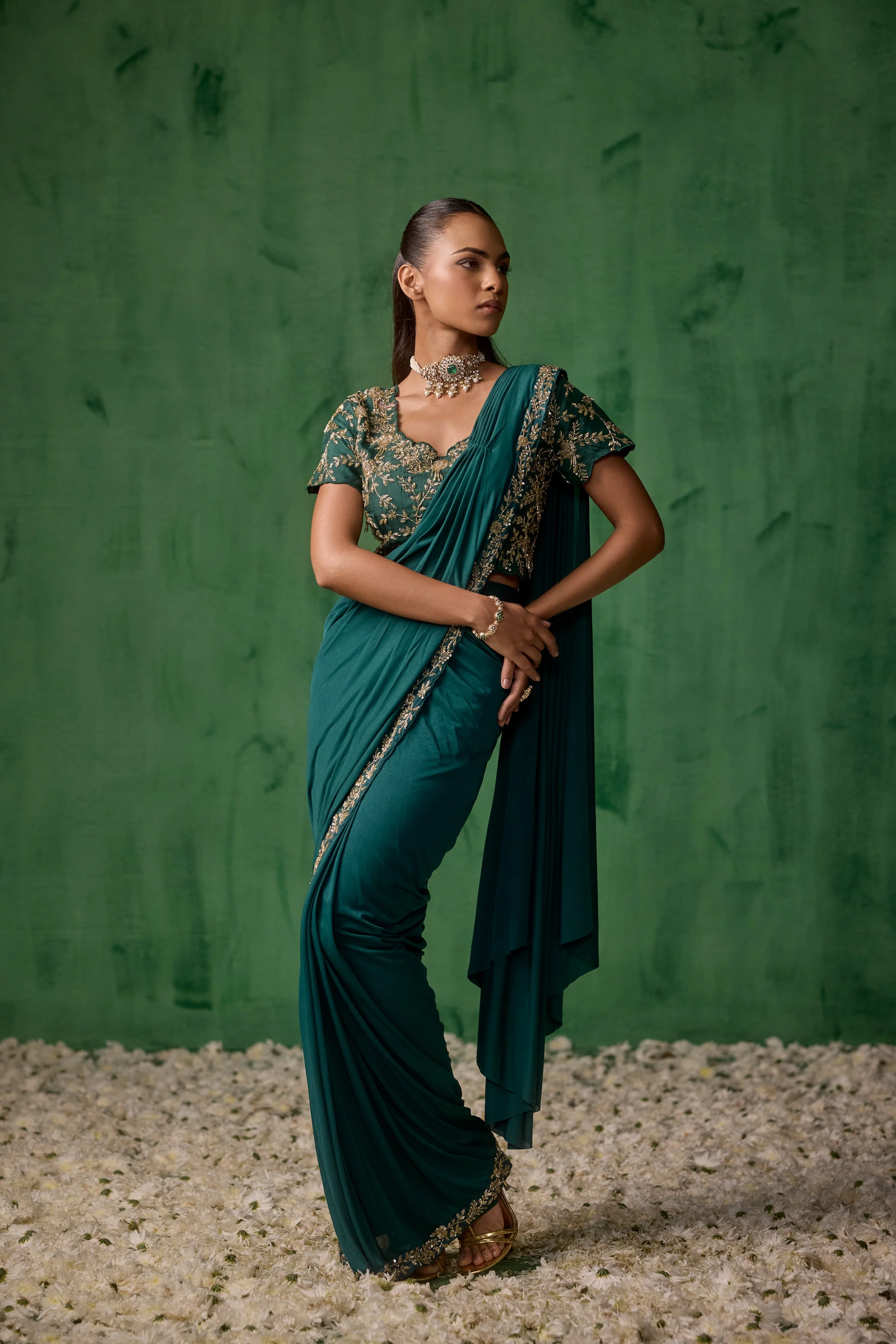 Emerald Teal Embellished Lycra Silk Draped Saree - Image 5