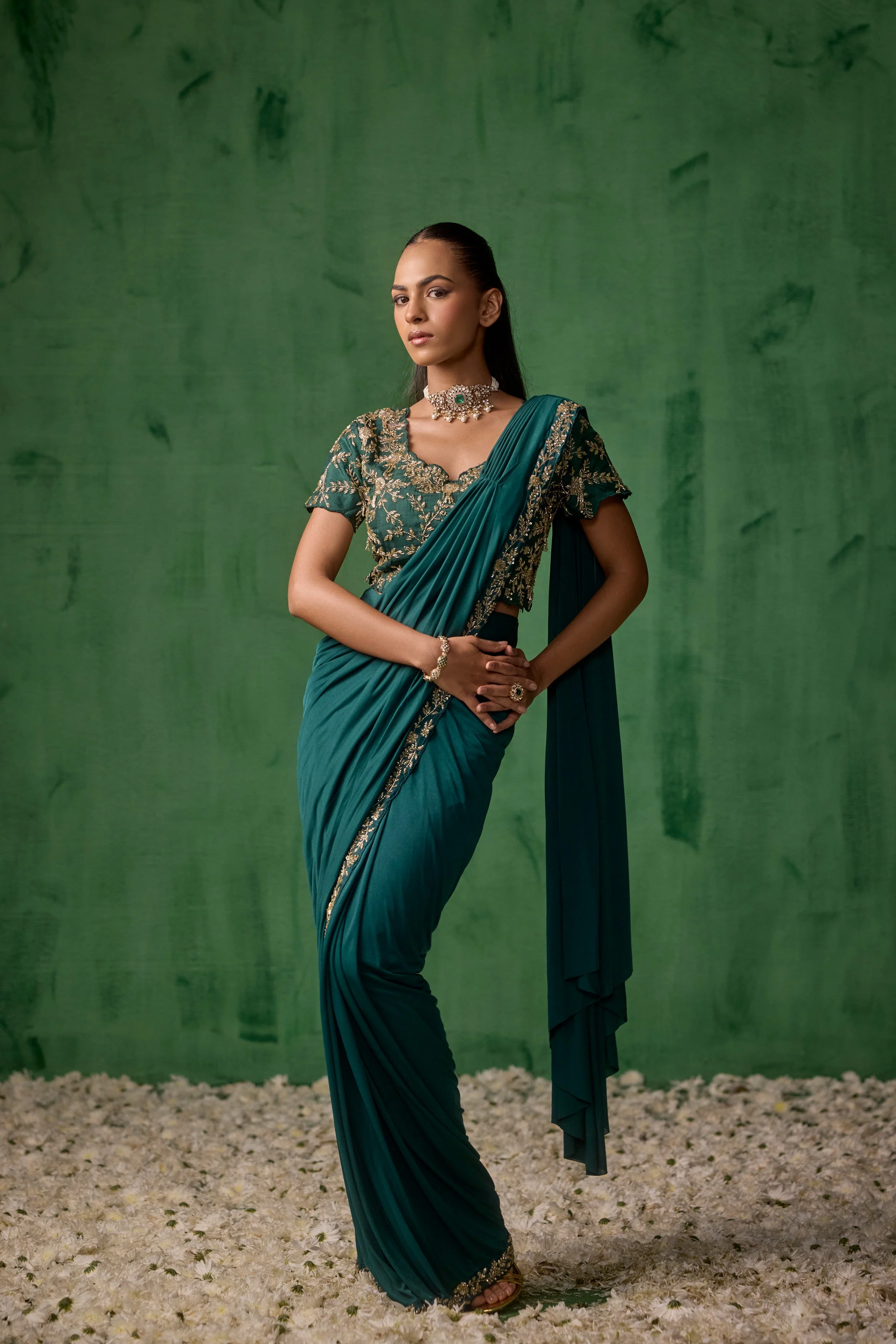 Emerald Teal Embellished Lycra Silk Draped Saree - Image 6