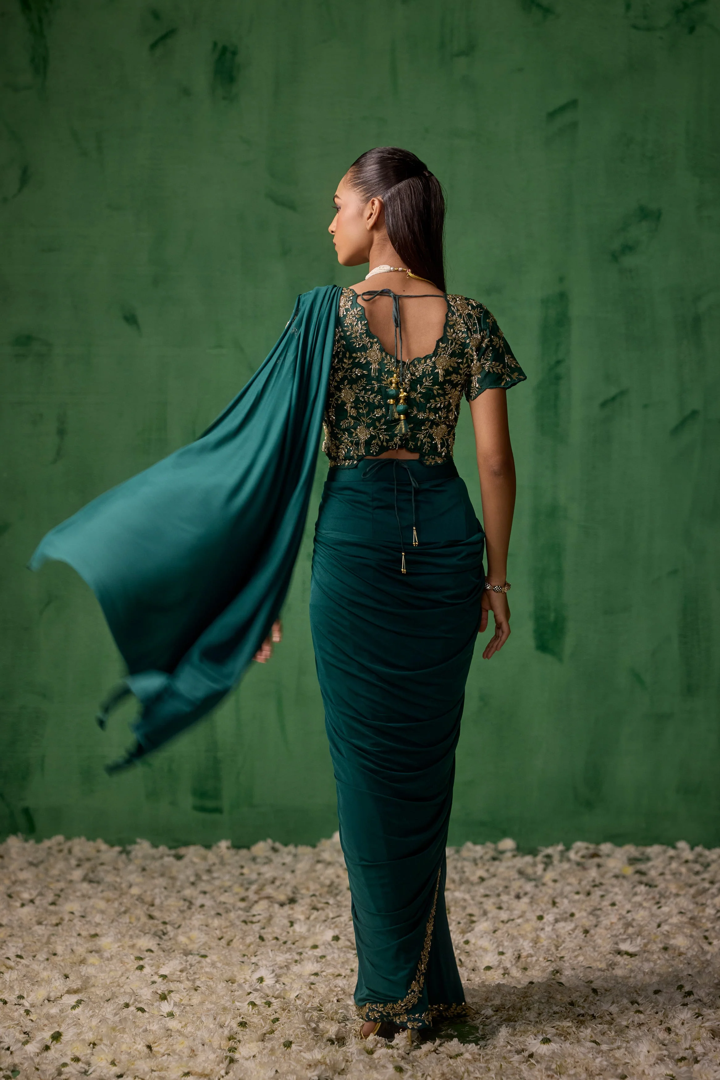 Emerald Teal Embellished Lycra Silk Draped Saree - Image 7