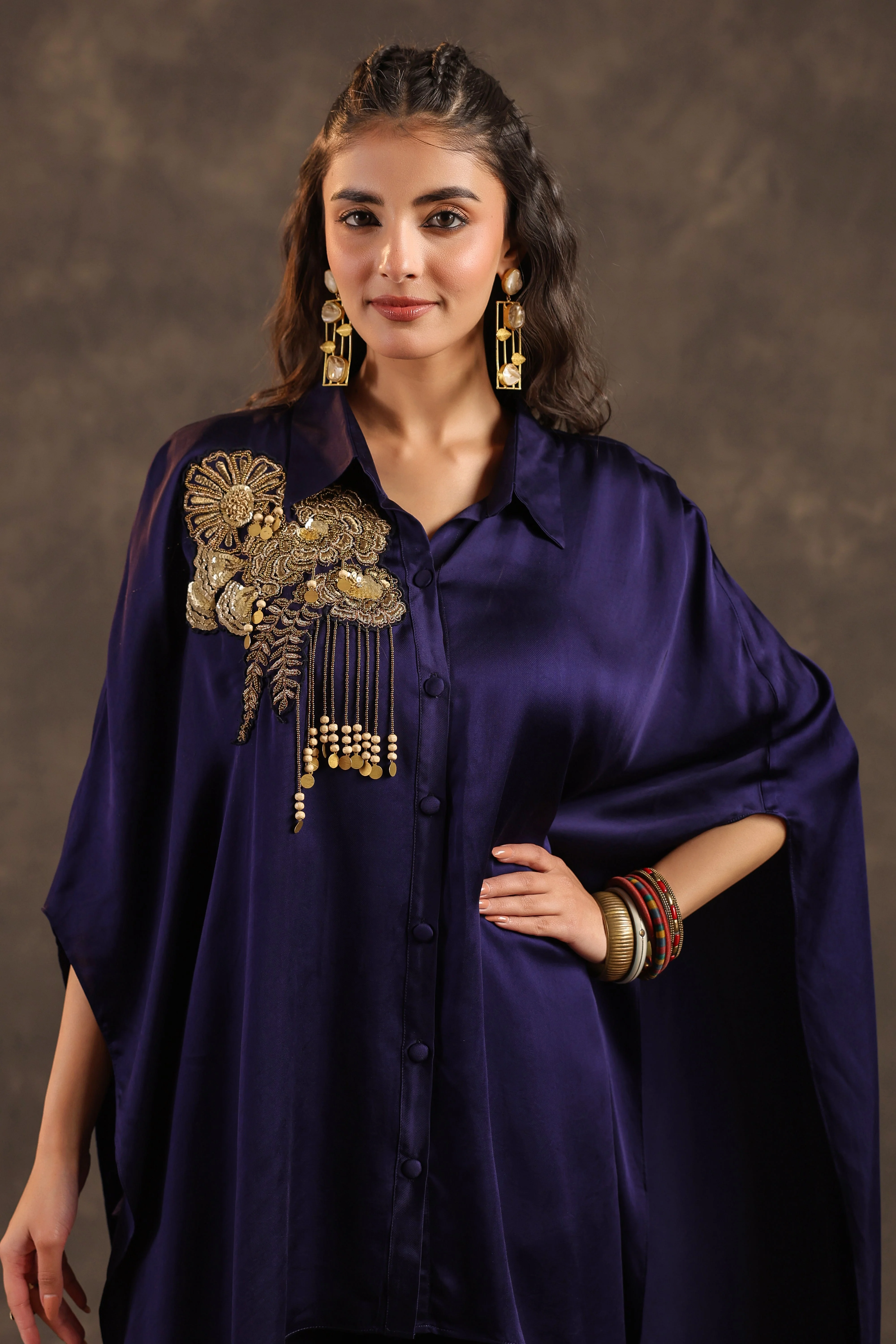 Metallic Indigo Embellished Modal Satin Silk Co-Ord Set - Image 2