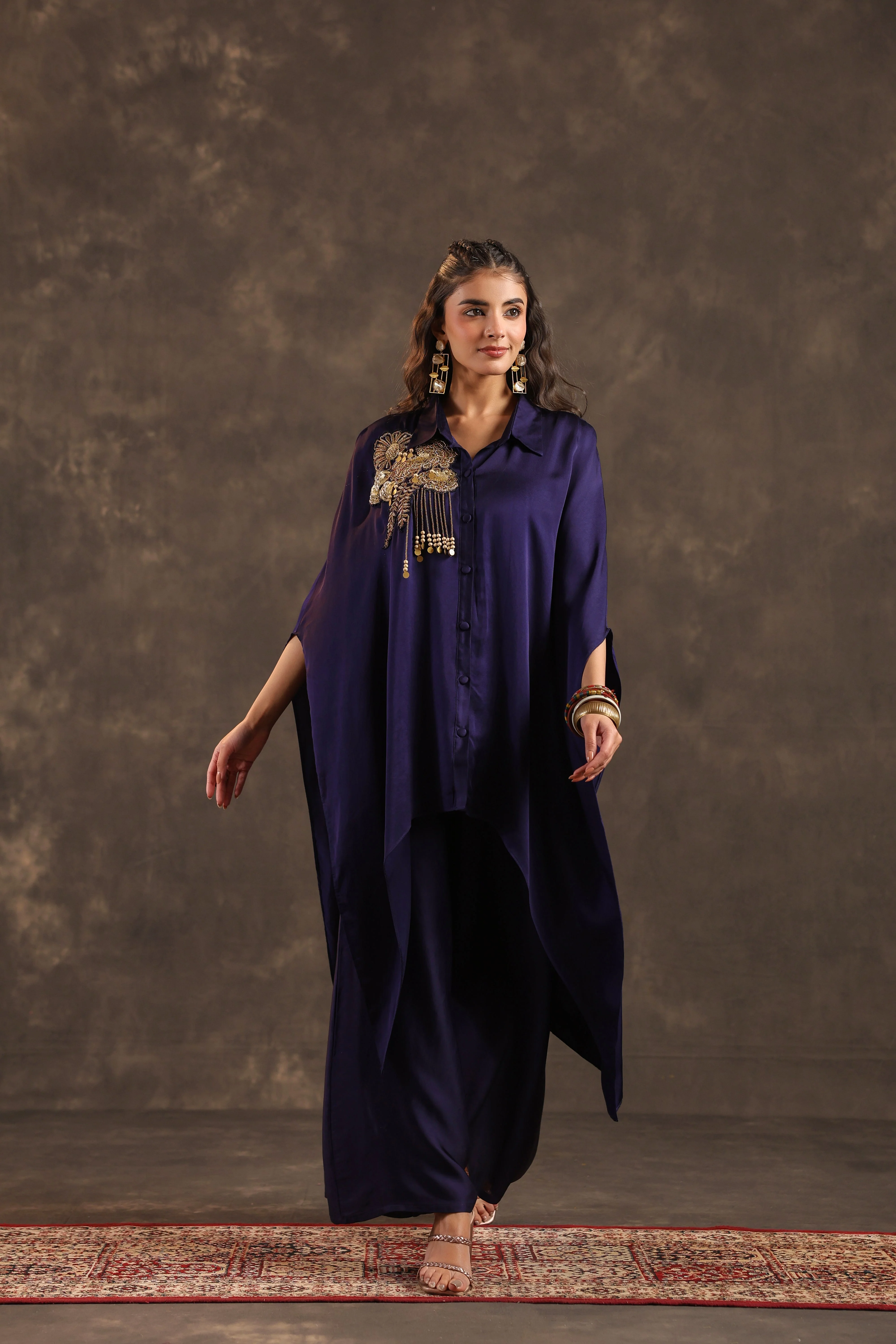 Metallic Indigo Embellished Modal Satin Silk Co-Ord Set - Image 3