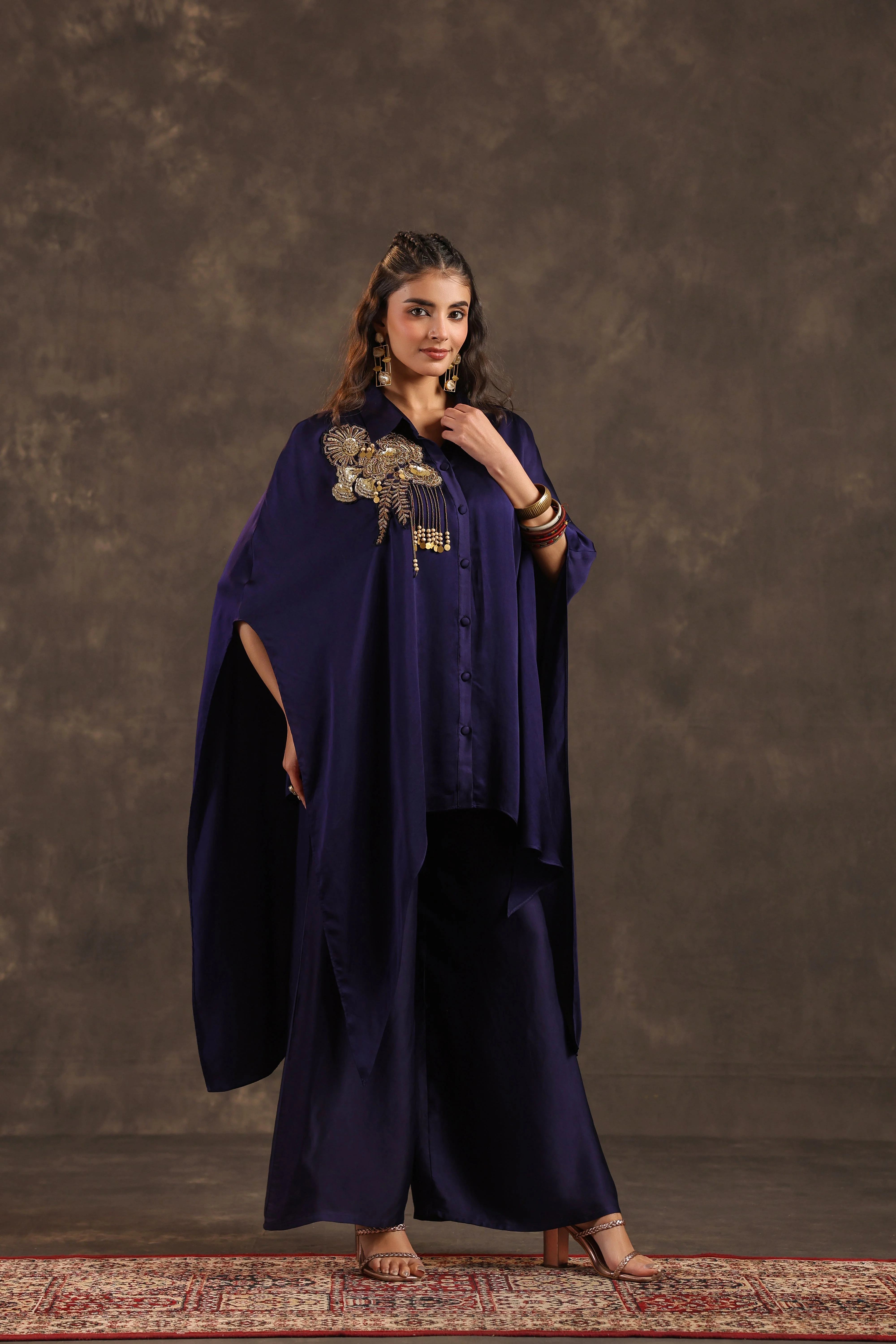 Metallic Indigo Embellished Modal Satin Silk Co-Ord Set - Image 4