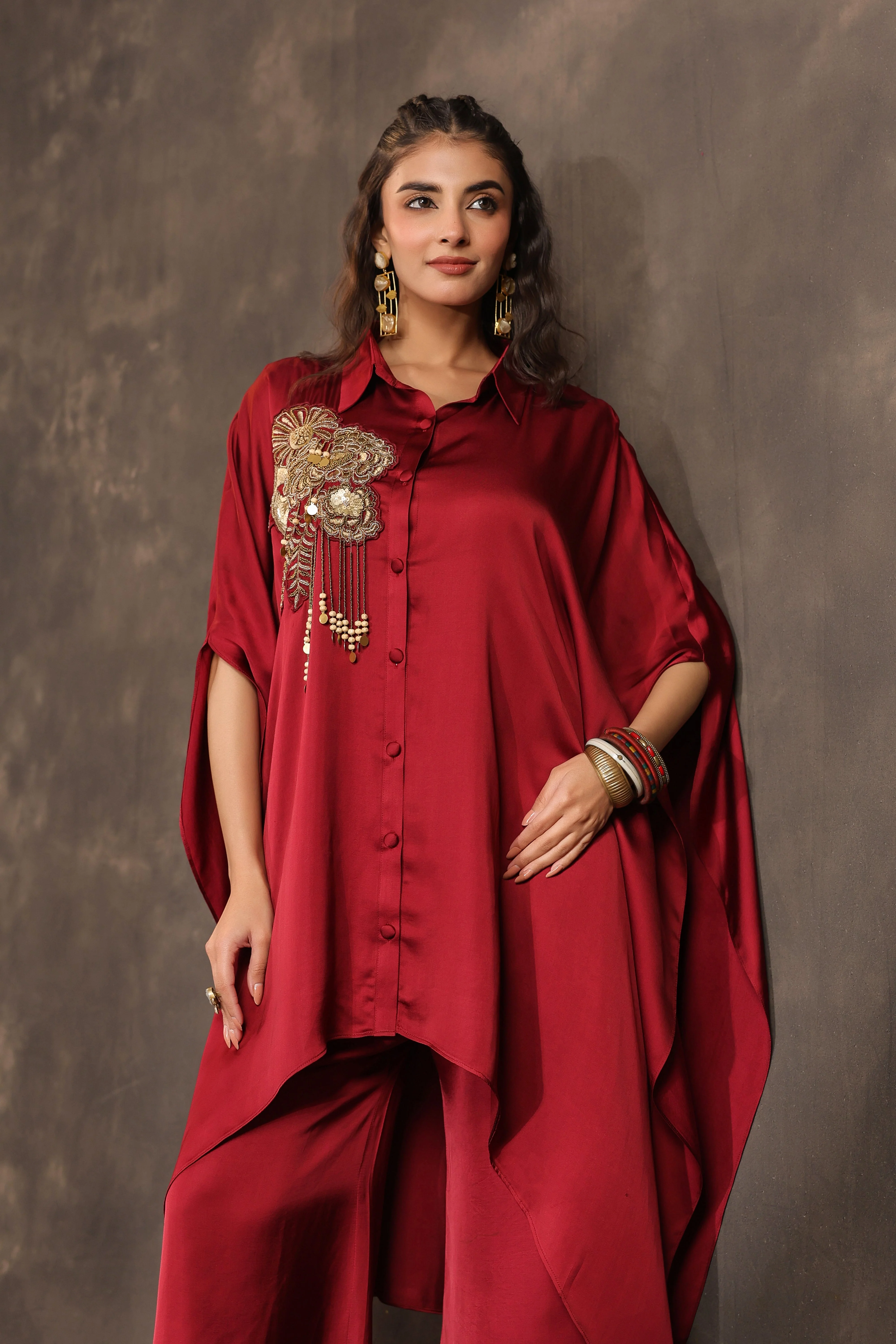 Metallic Red Embellished Modal Satin Silk Co-Ord Set - Image 2