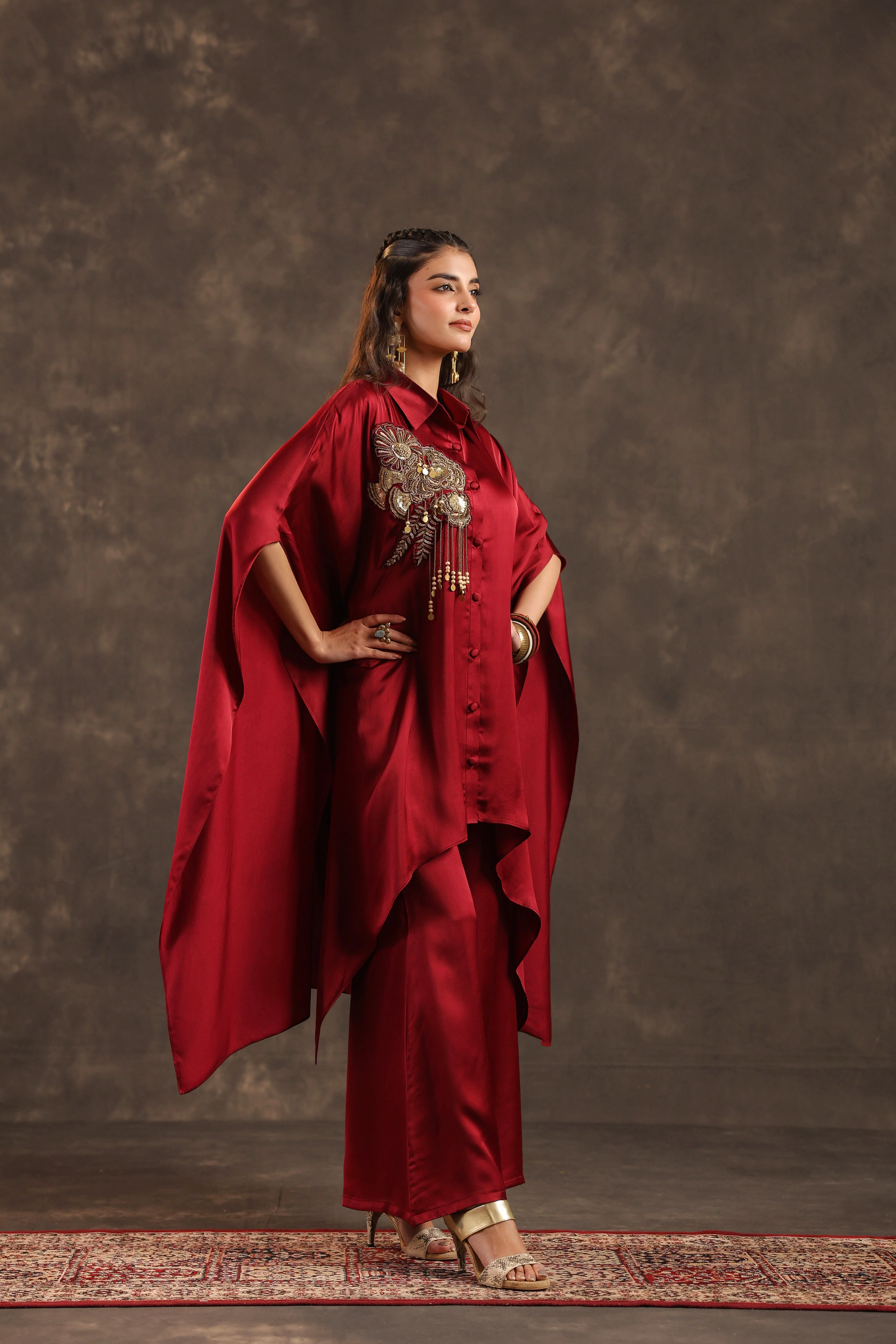 Metallic Red Embellished Modal Satin Silk Co-Ord Set - Image 3