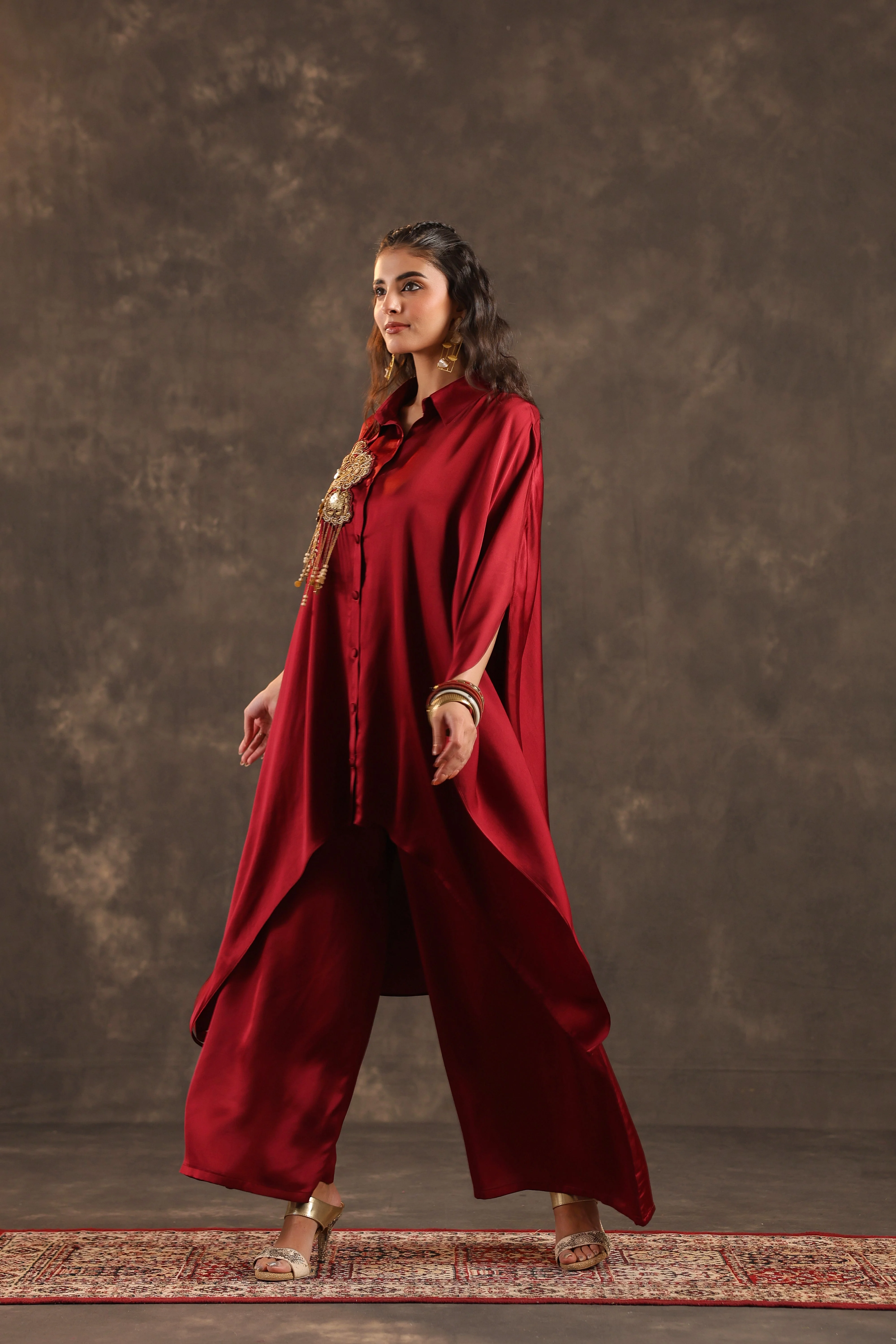 Metallic Red Embellished Modal Satin Silk Co-Ord Set - Image 4