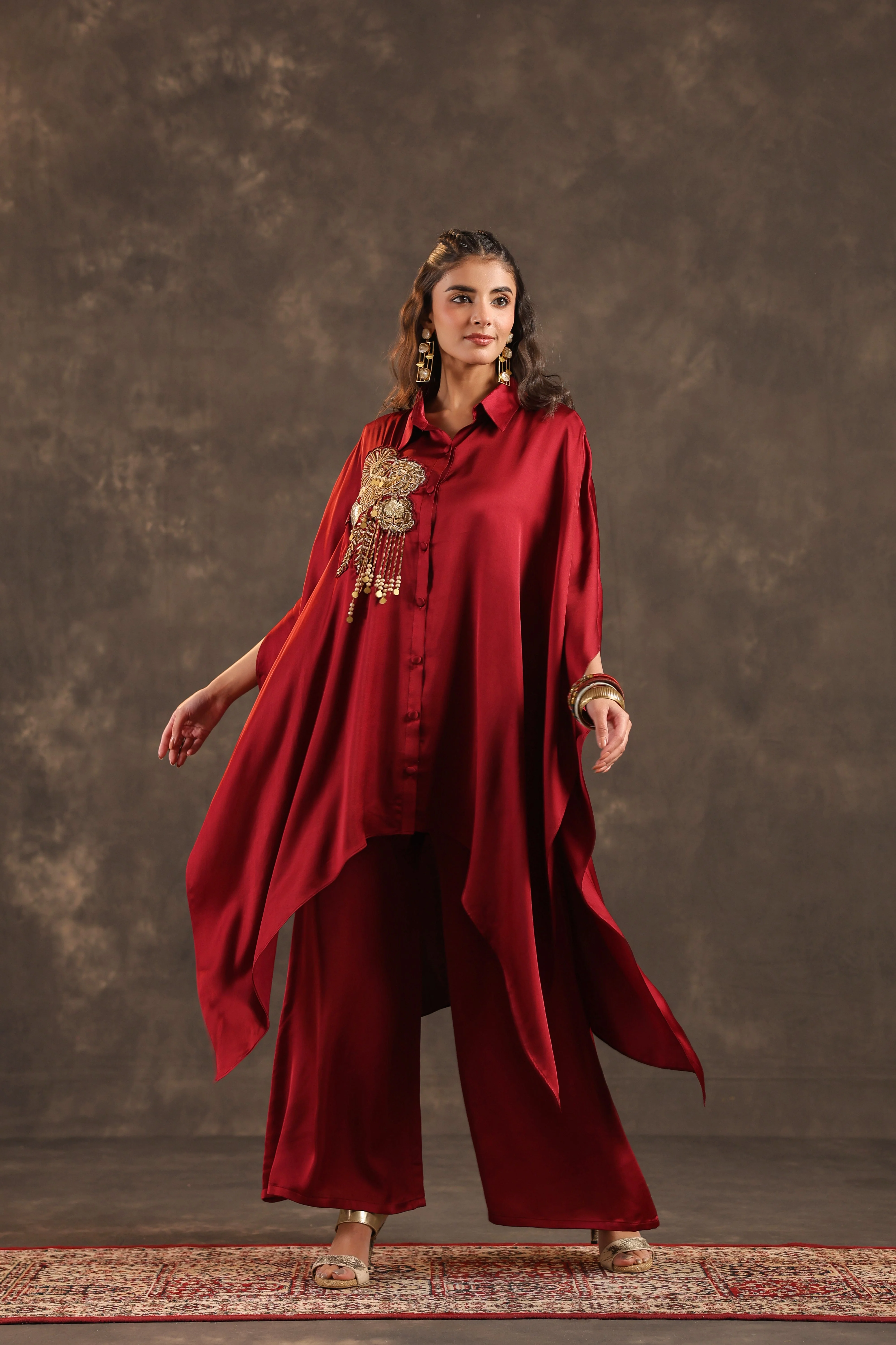 Metallic Red Embellished Modal Satin Silk Co-Ord Set - Image 5