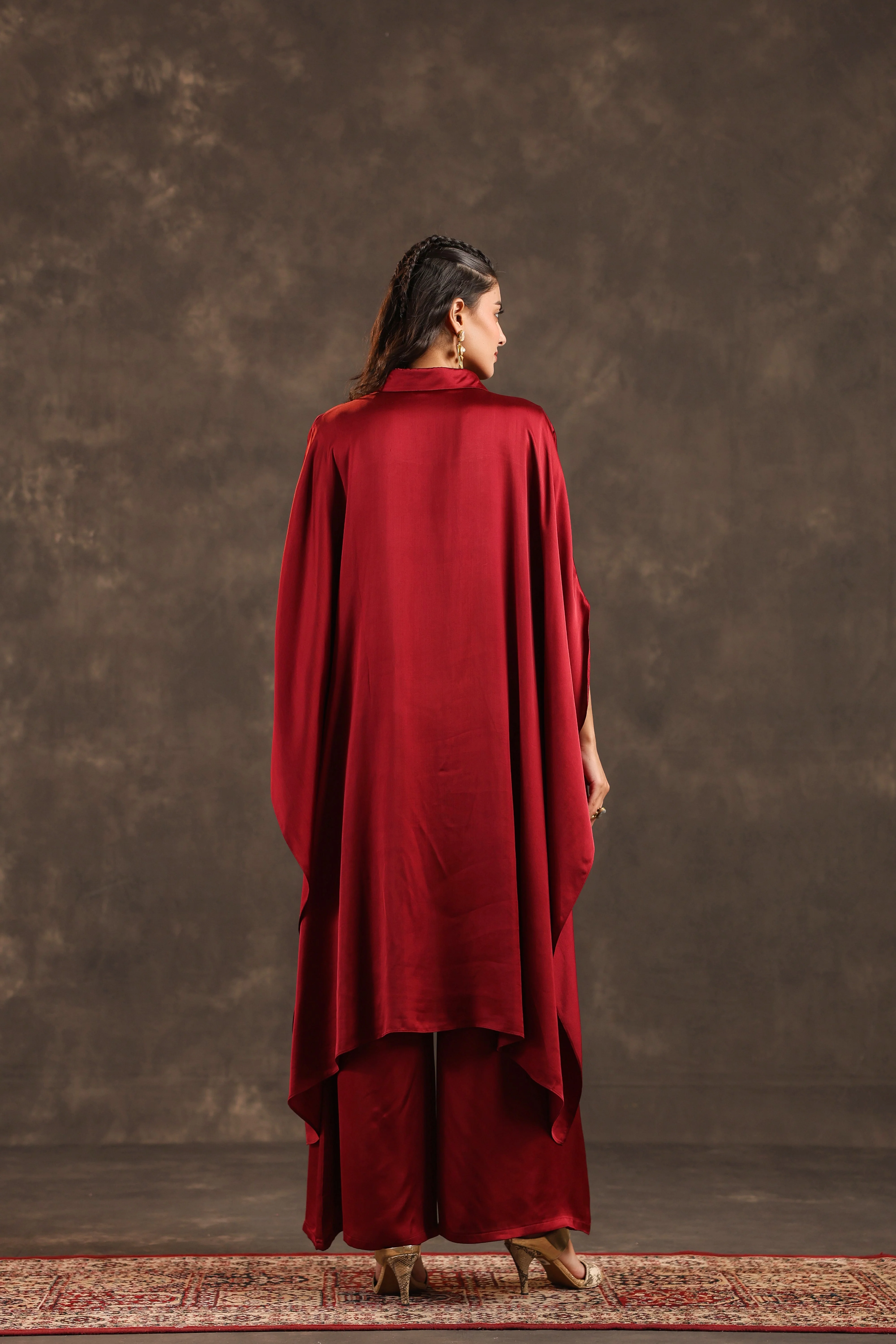 Metallic Red Embellished Modal Satin Silk Co-Ord Set - Image 6
