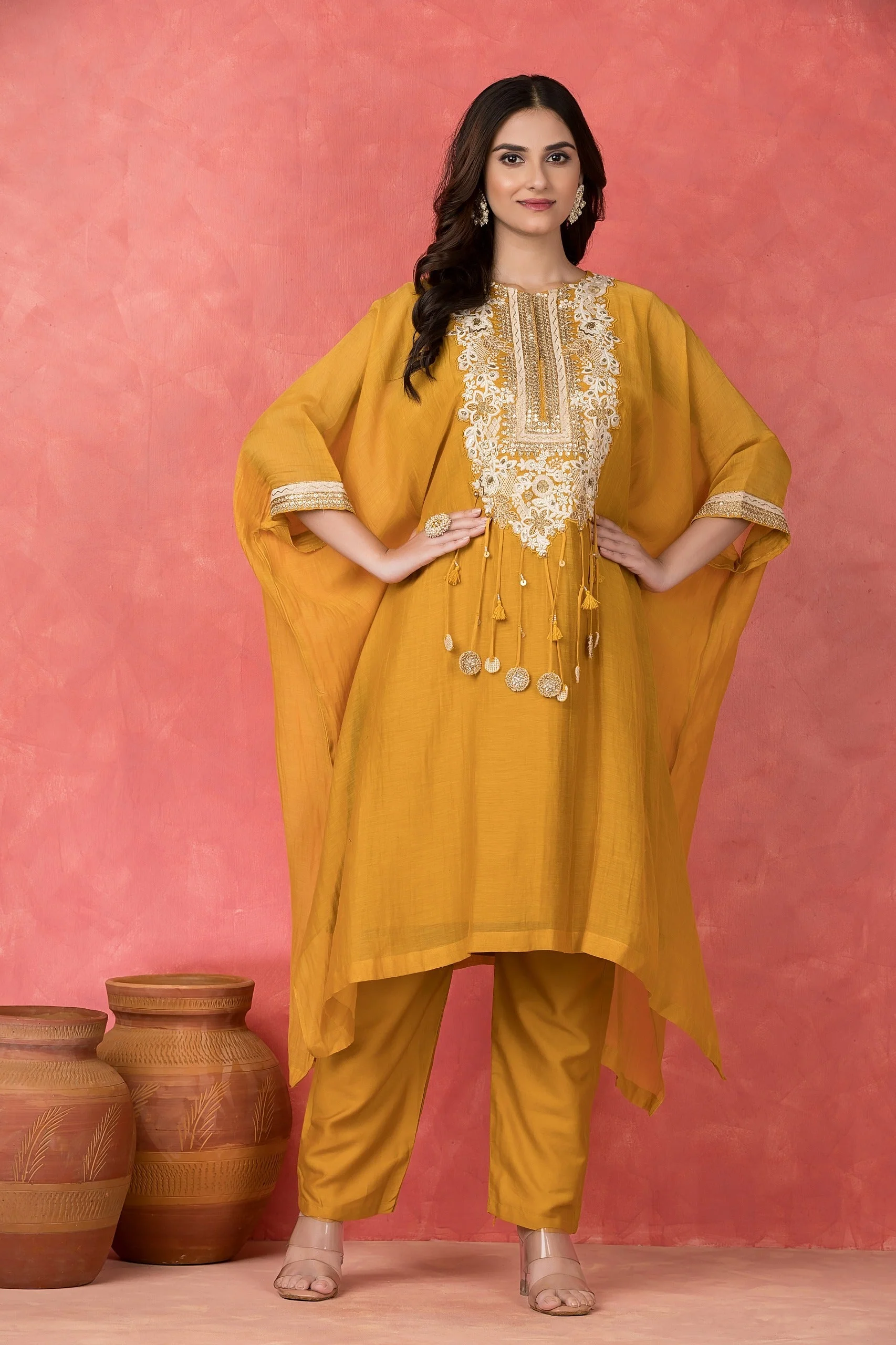 Amber Embellished Mul-Chanderi Kaftan Set - Image 3