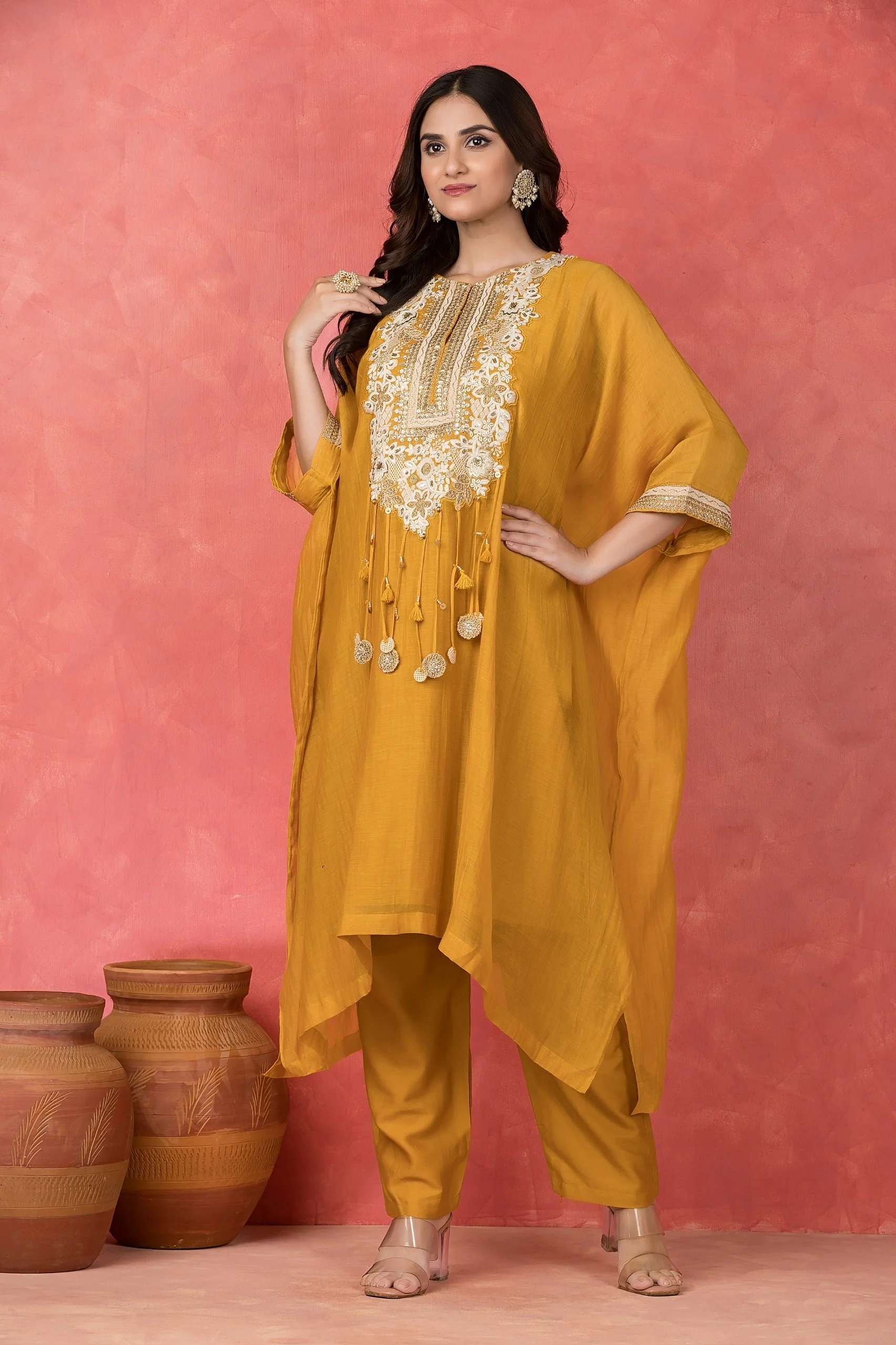 Amber Embellished Mul-Chanderi Kaftan Set - Image 4