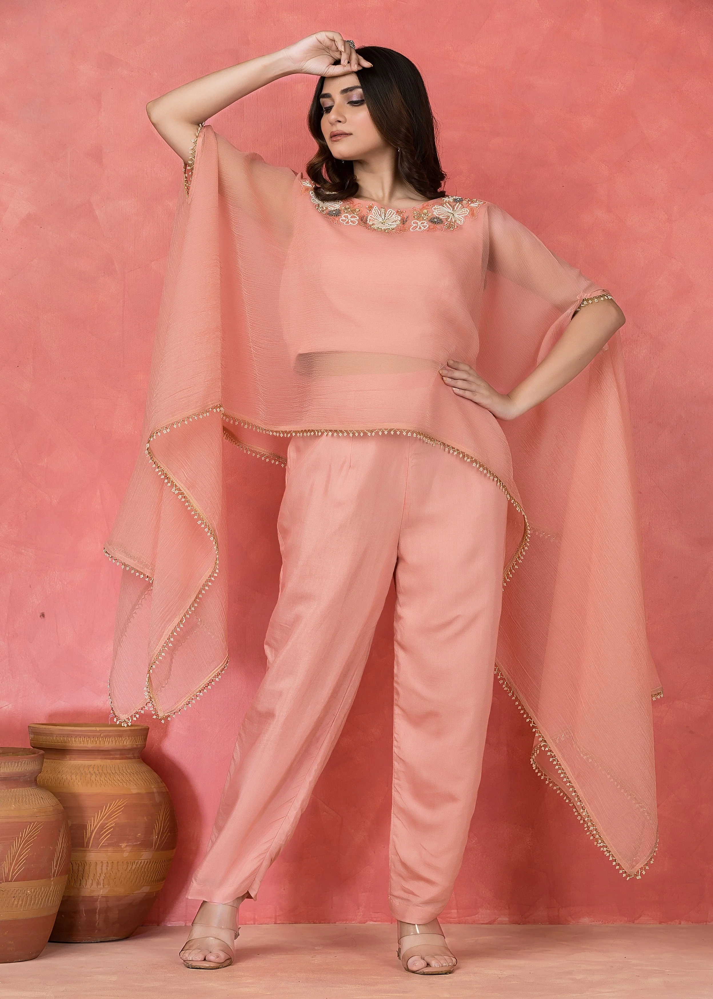Peach Embellished Shantoon Silk Co-Ord Set - Image 3