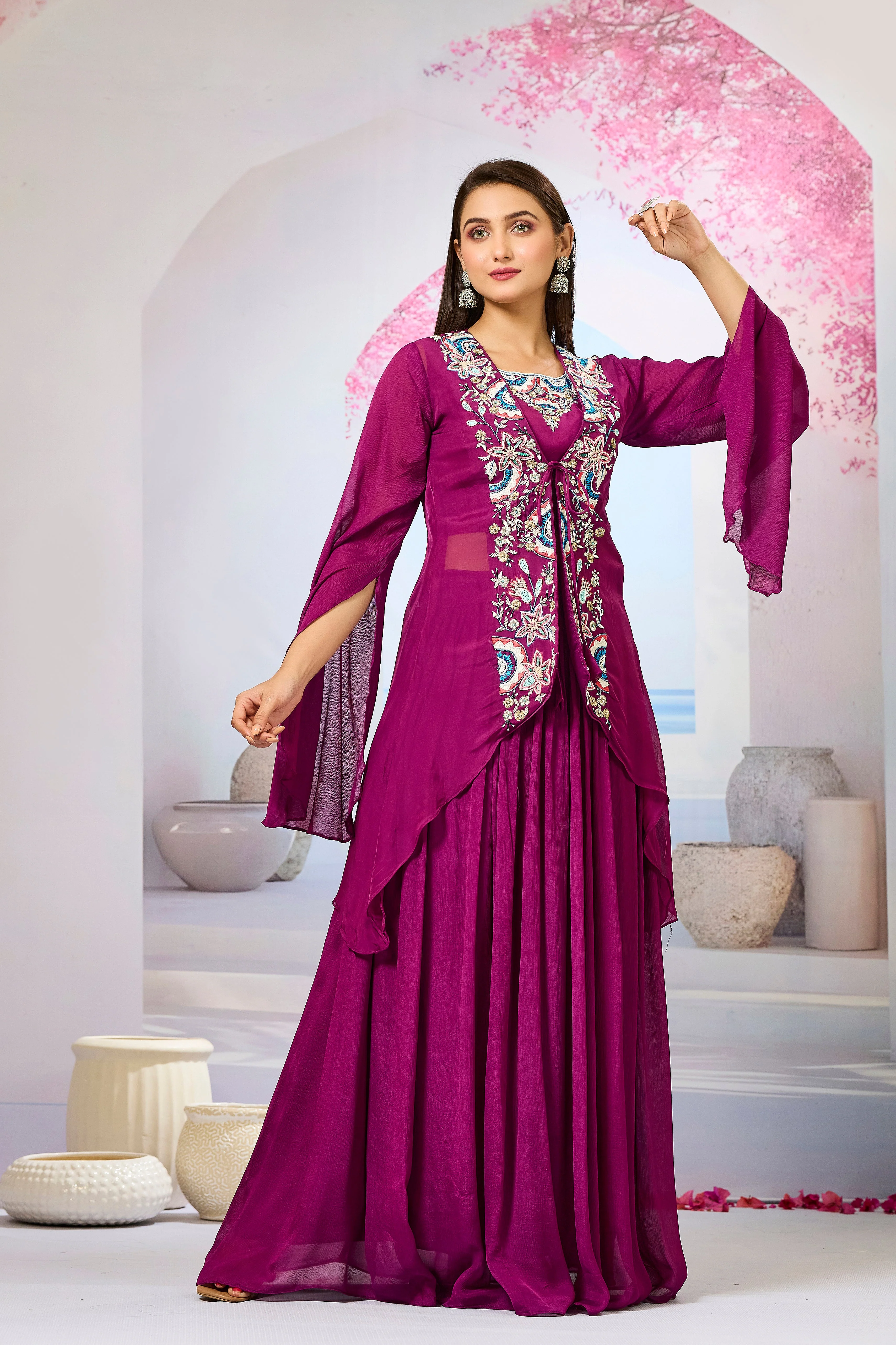 Wine Embellished Organza Silk Cape Set - Image 3