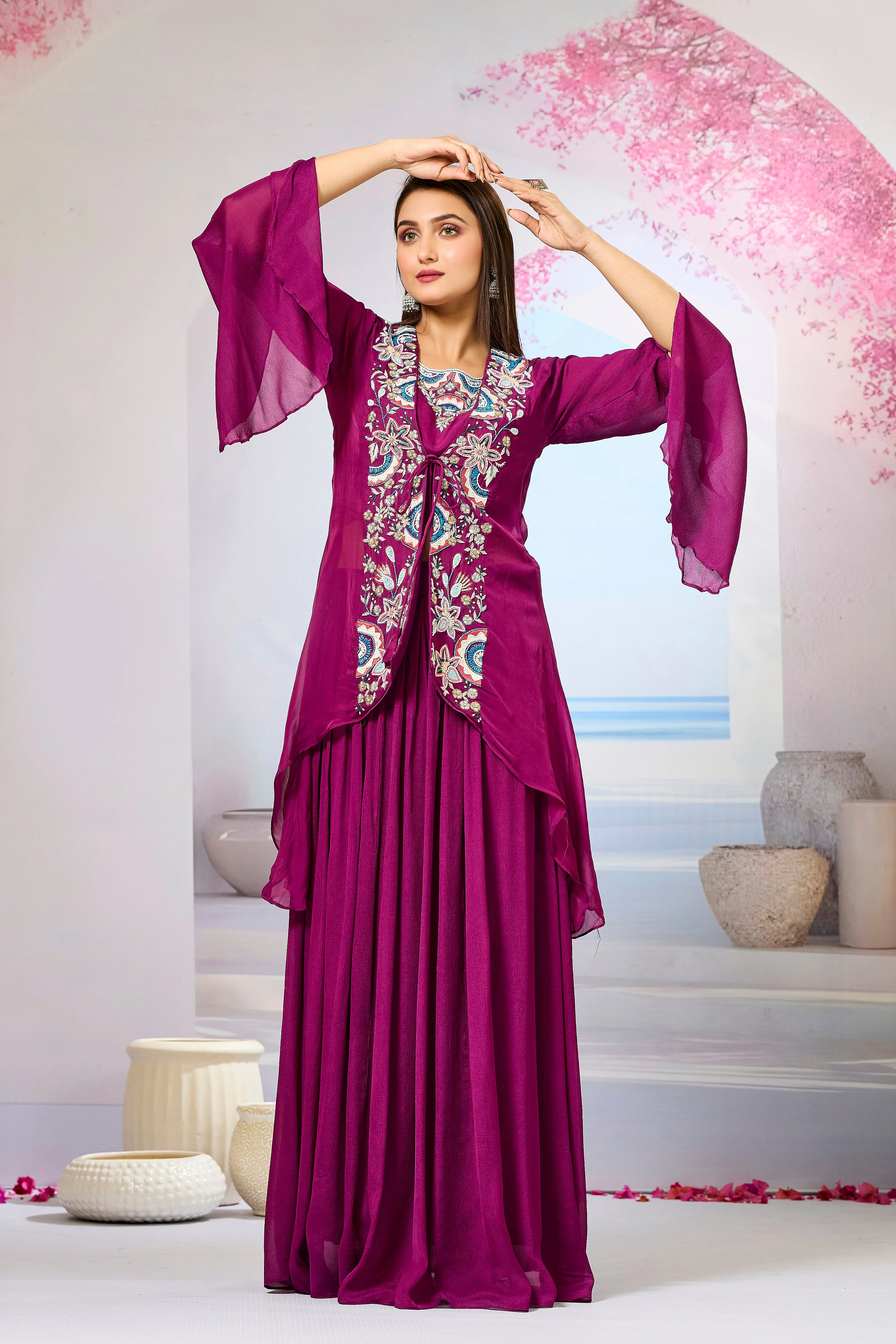 Wine Embellished Organza Silk Cape Set - Image 4