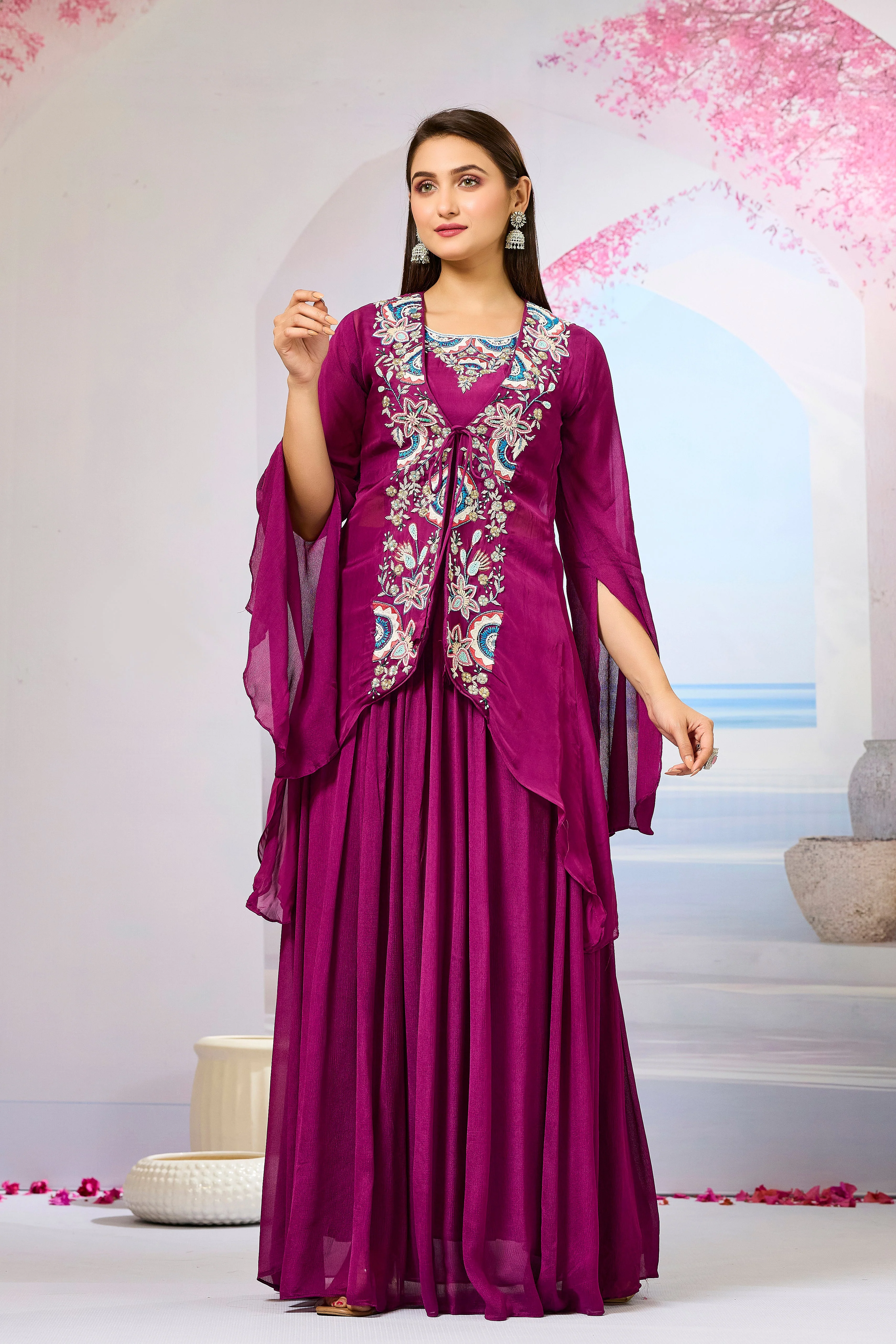 Wine Embellished Organza Silk Cape Set - Image 5