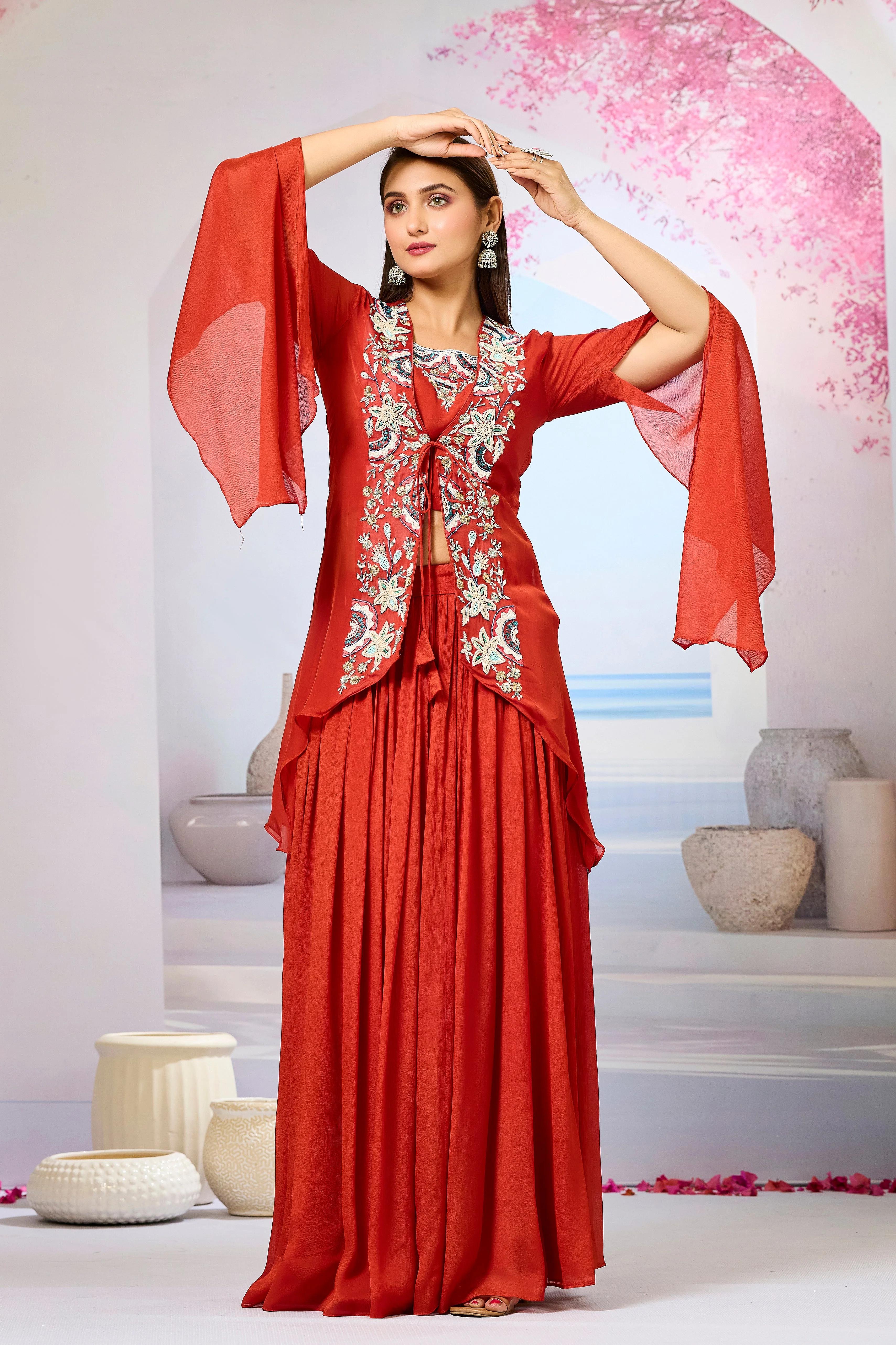Rust Orange Embellished Organza Silk Cape Set - Image 4