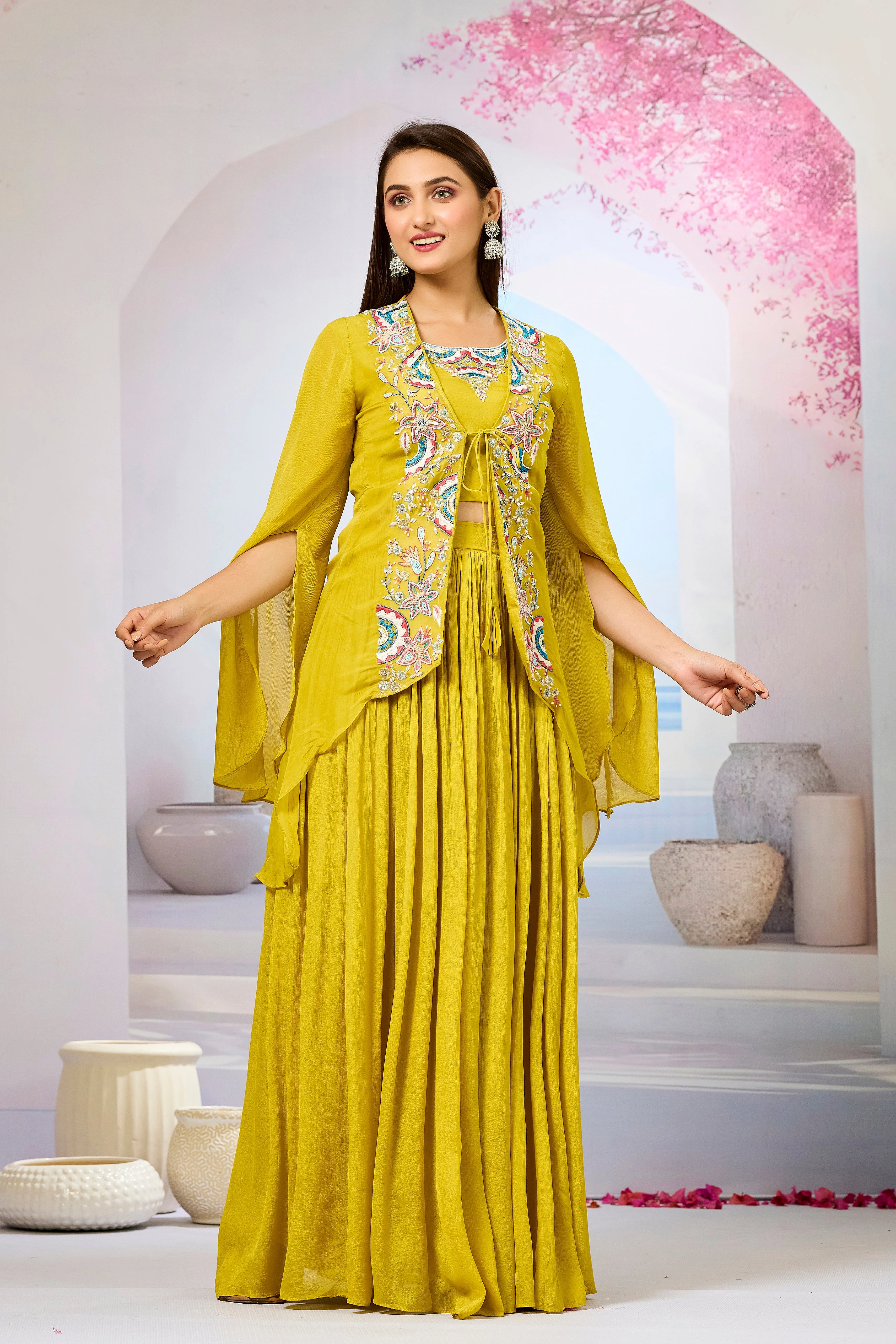 Yellow Embellished Organza Silk Cape Set - Image 3