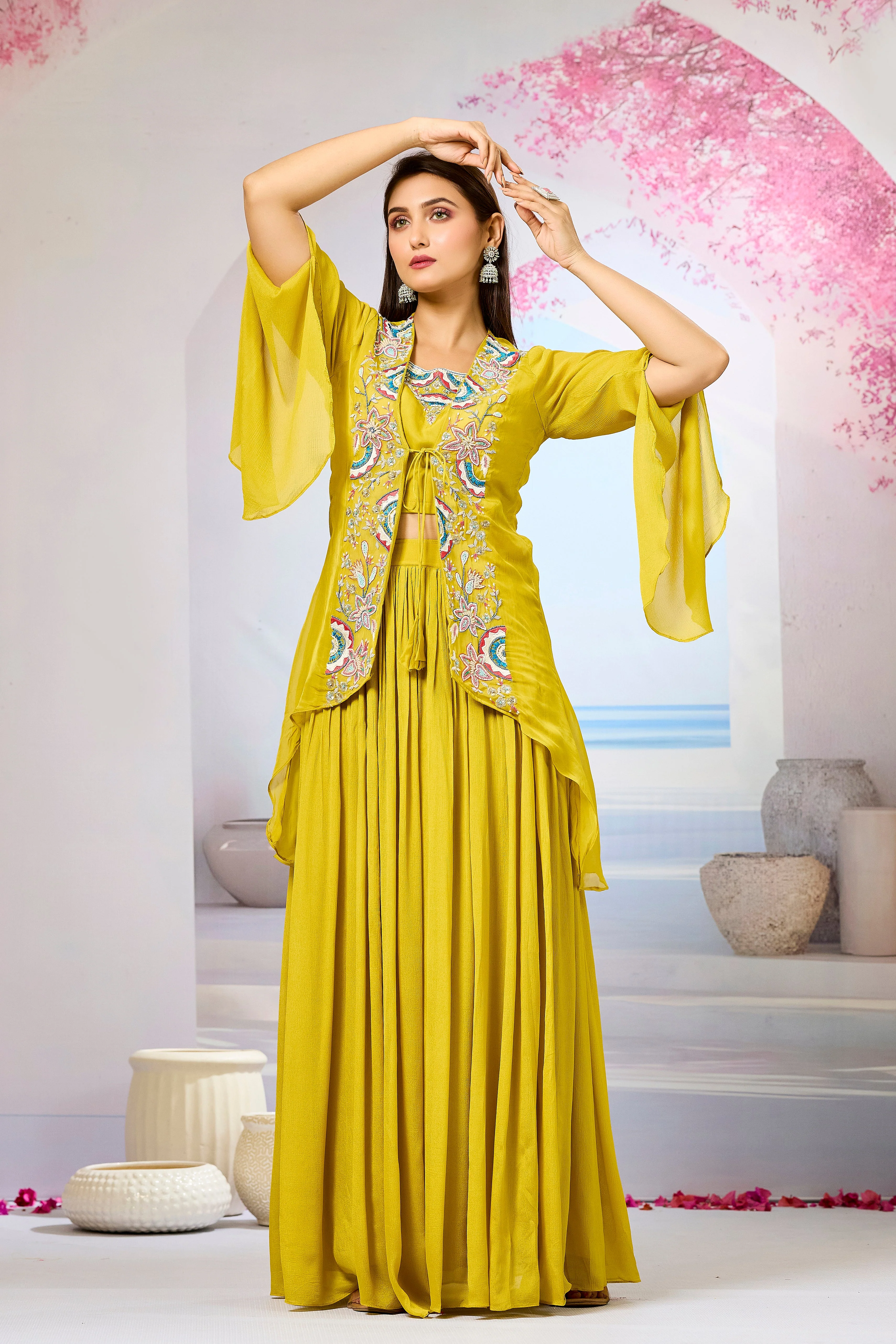 Yellow Embellished Organza Silk Cape Set - Image 4