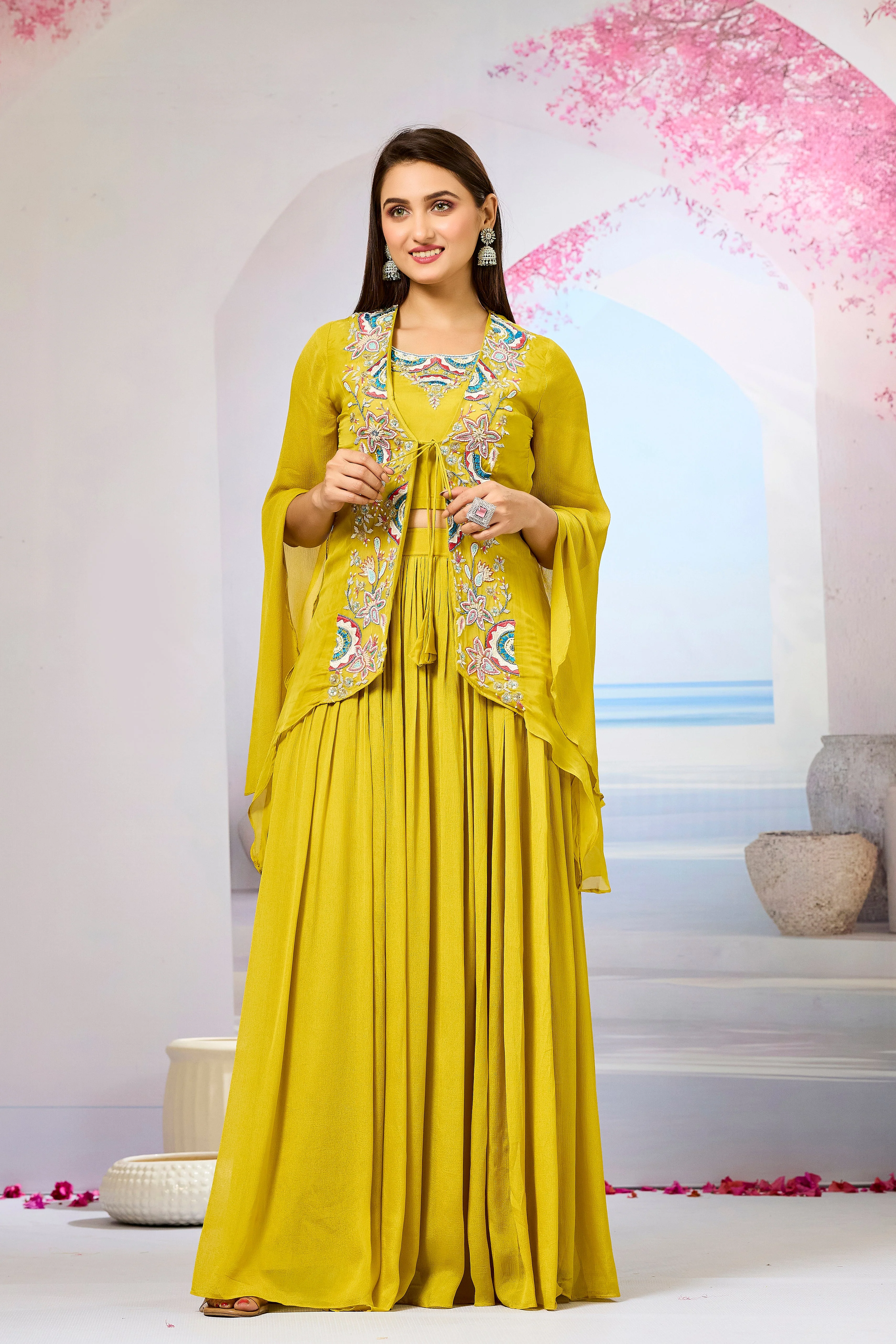 Yellow Embellished Organza Silk Cape Set - Image 5