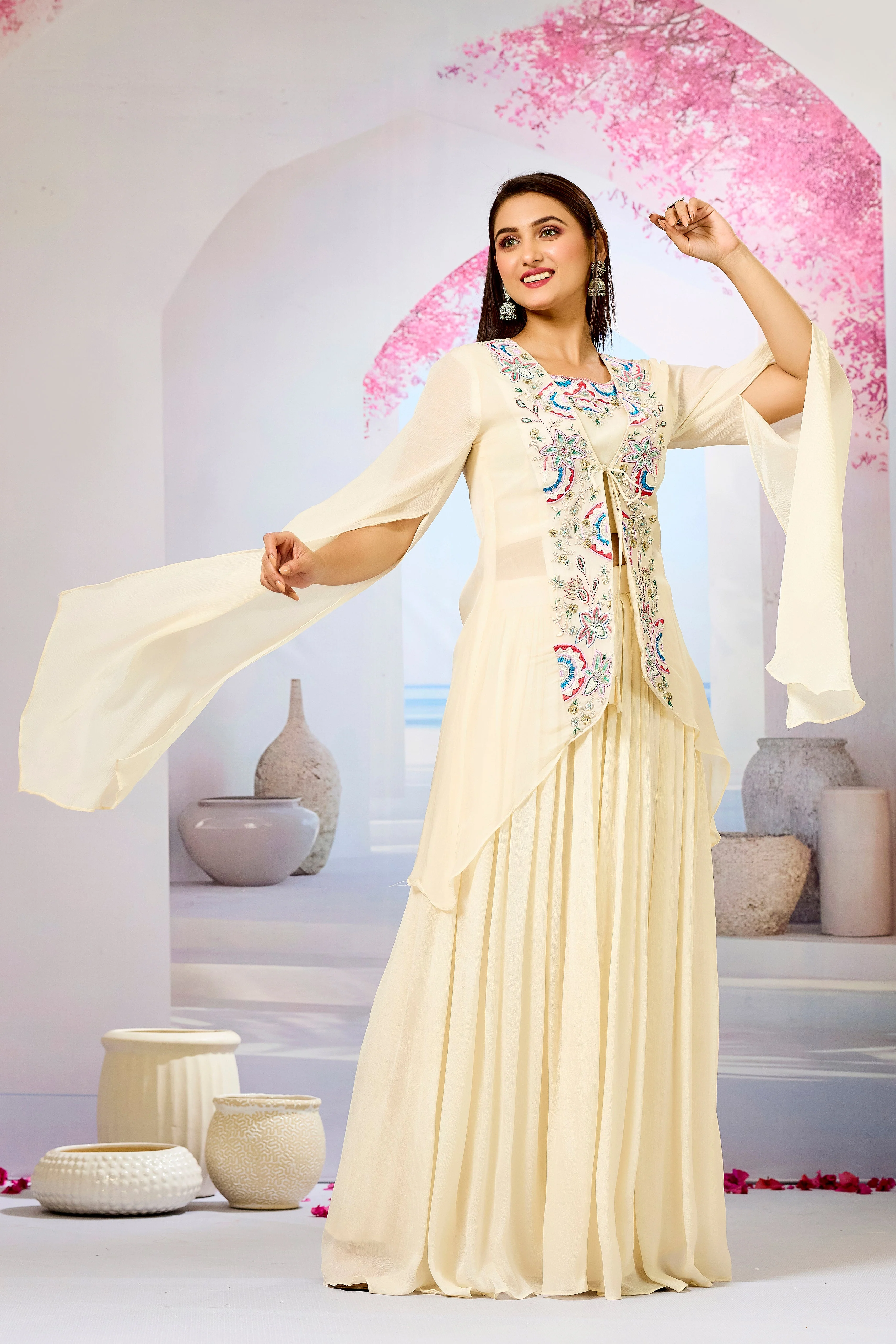 Cream Embellished Organza Silk Cape Set - Image 3