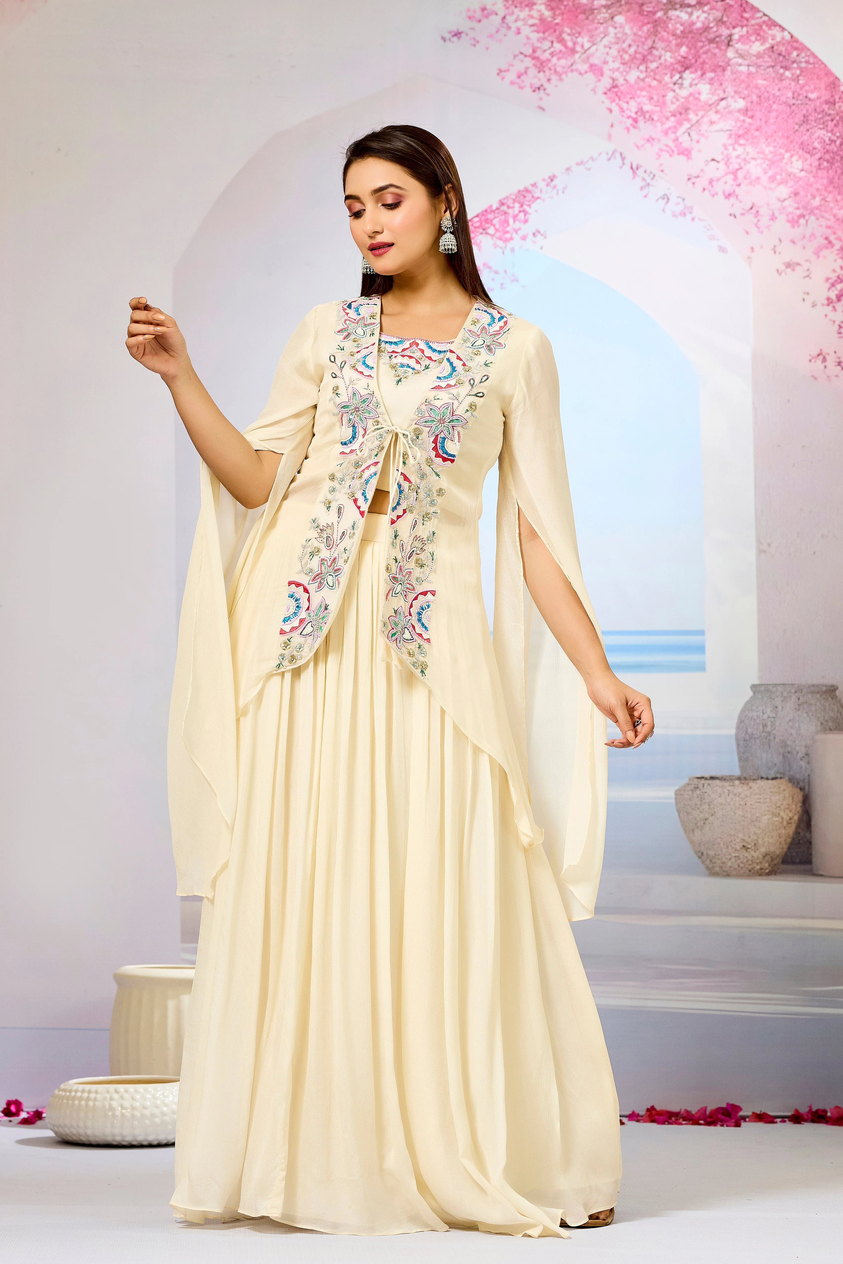 Cream Embellished Organza Silk Cape Set - Image 4