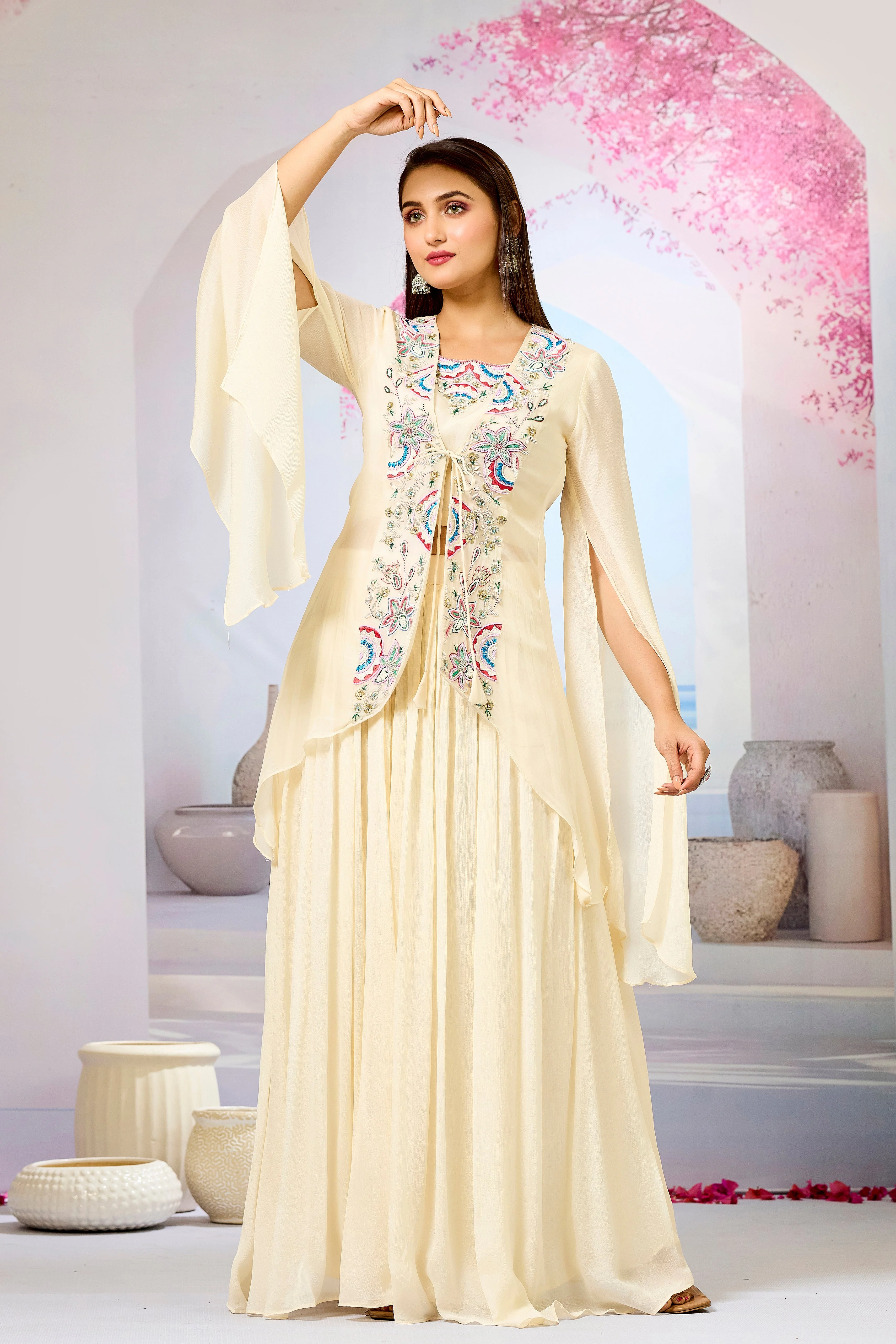 Cream Embellished Organza Silk Cape Set - Image 5