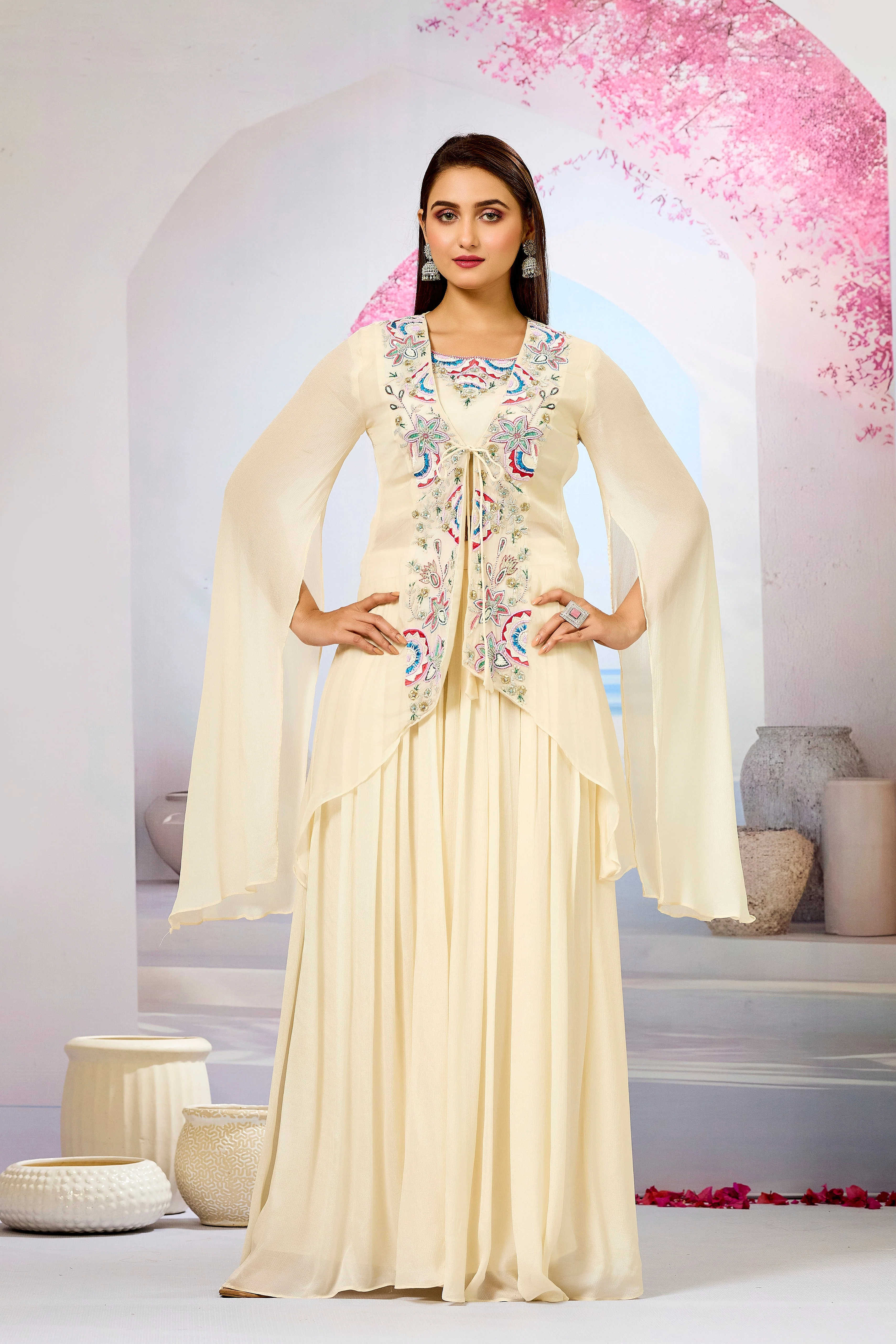 Cream Embellished Organza Silk Cape Set - Image 6