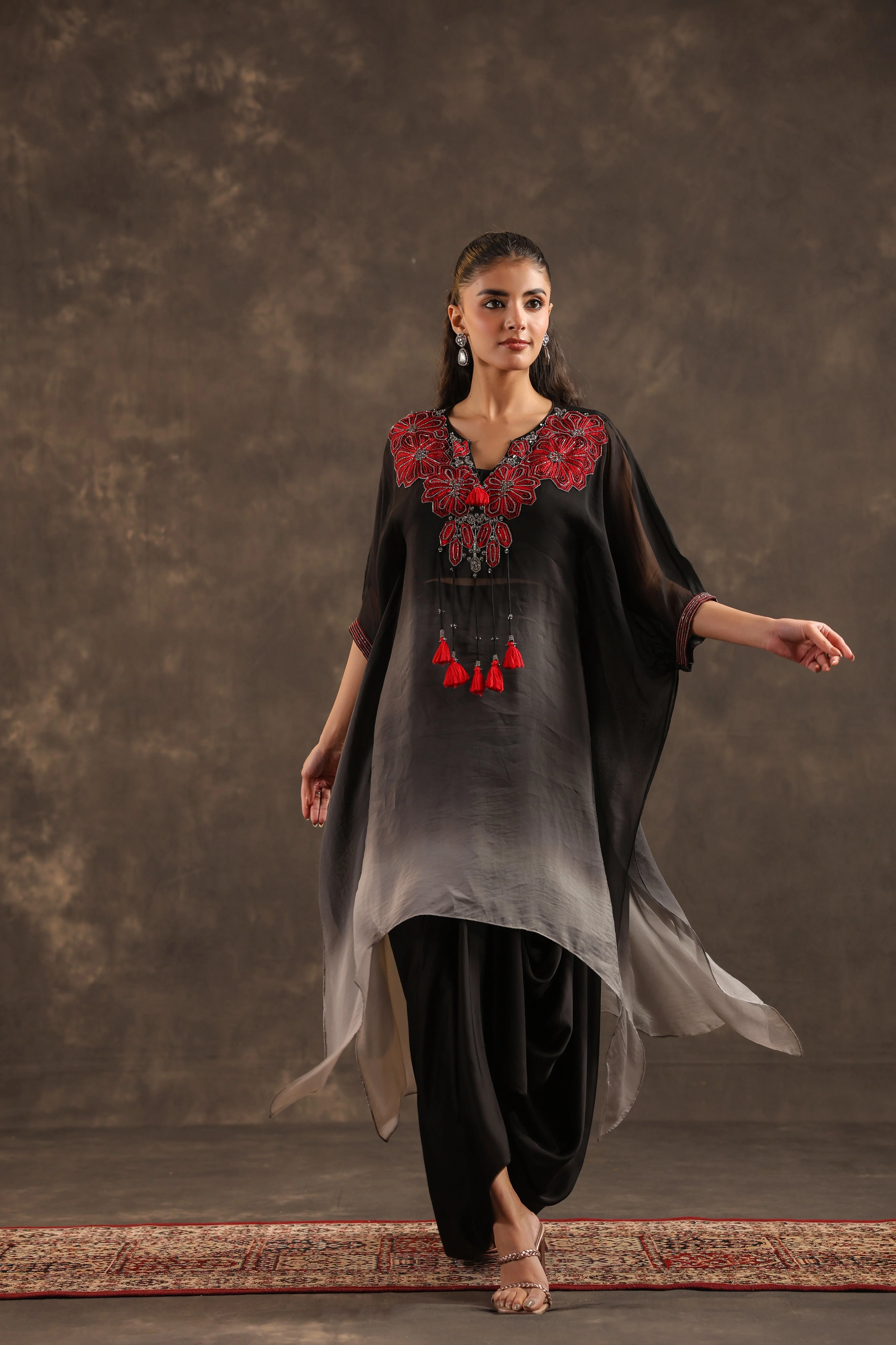 Midnight Bloom Embellished Organza Silk Skirt Set - Image 3