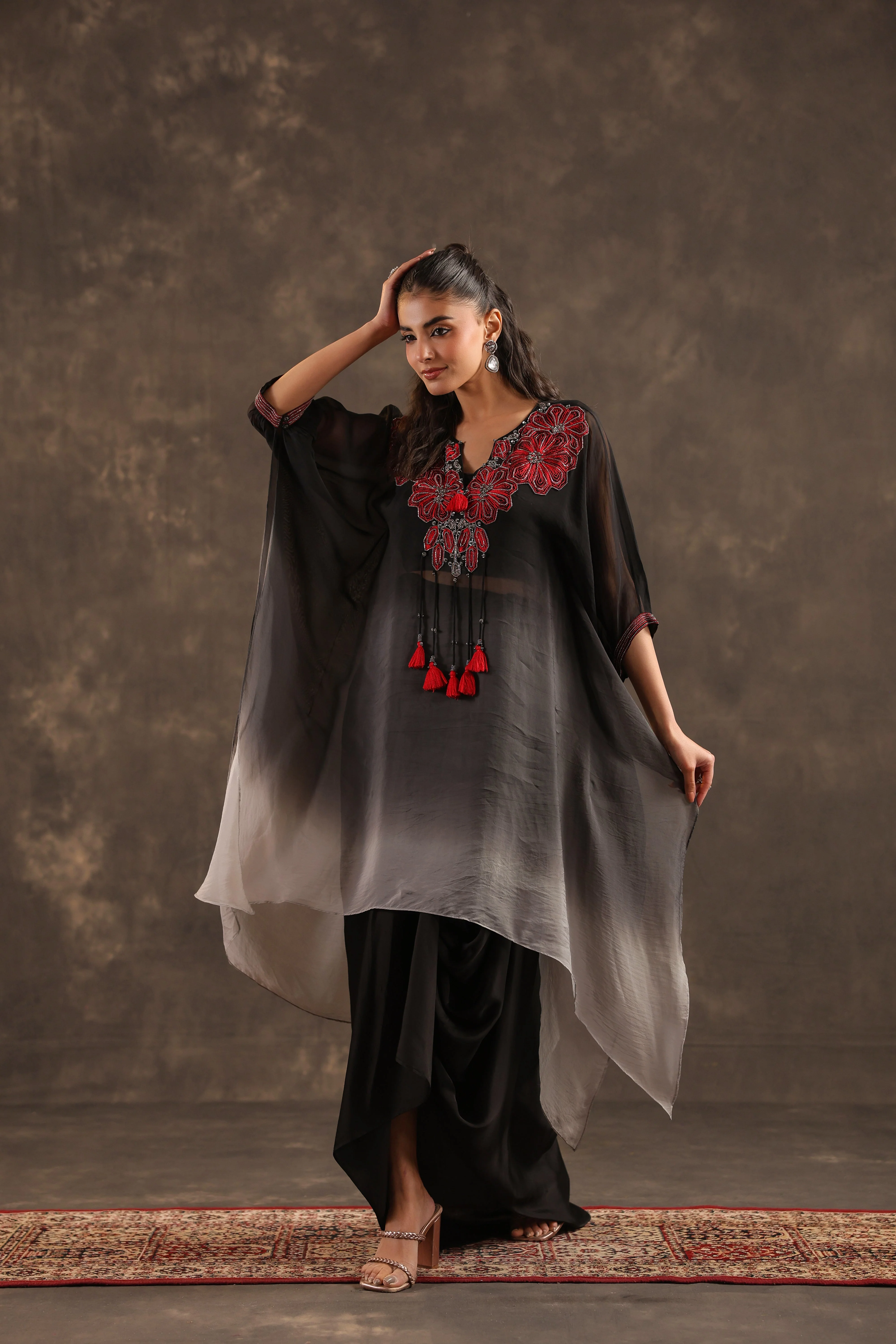 Midnight Bloom Embellished Organza Silk Skirt Set - Image 4