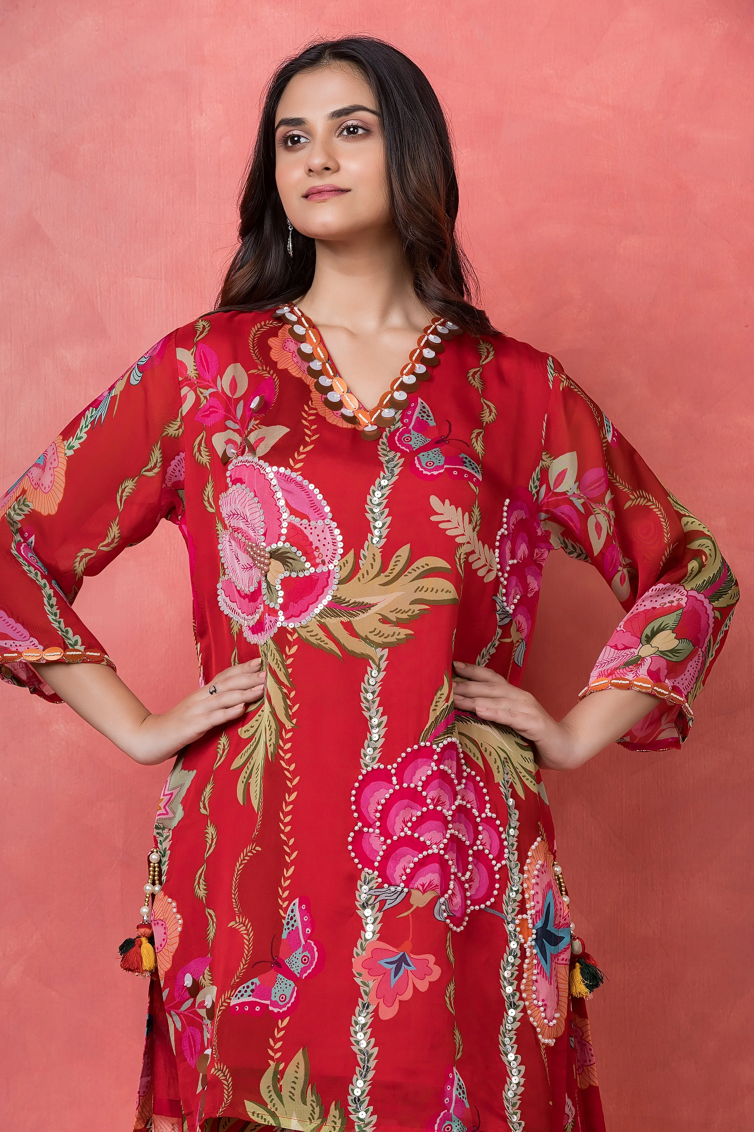 Crimson Red Floral Printed Organza Silk Kurta Set - Image 2