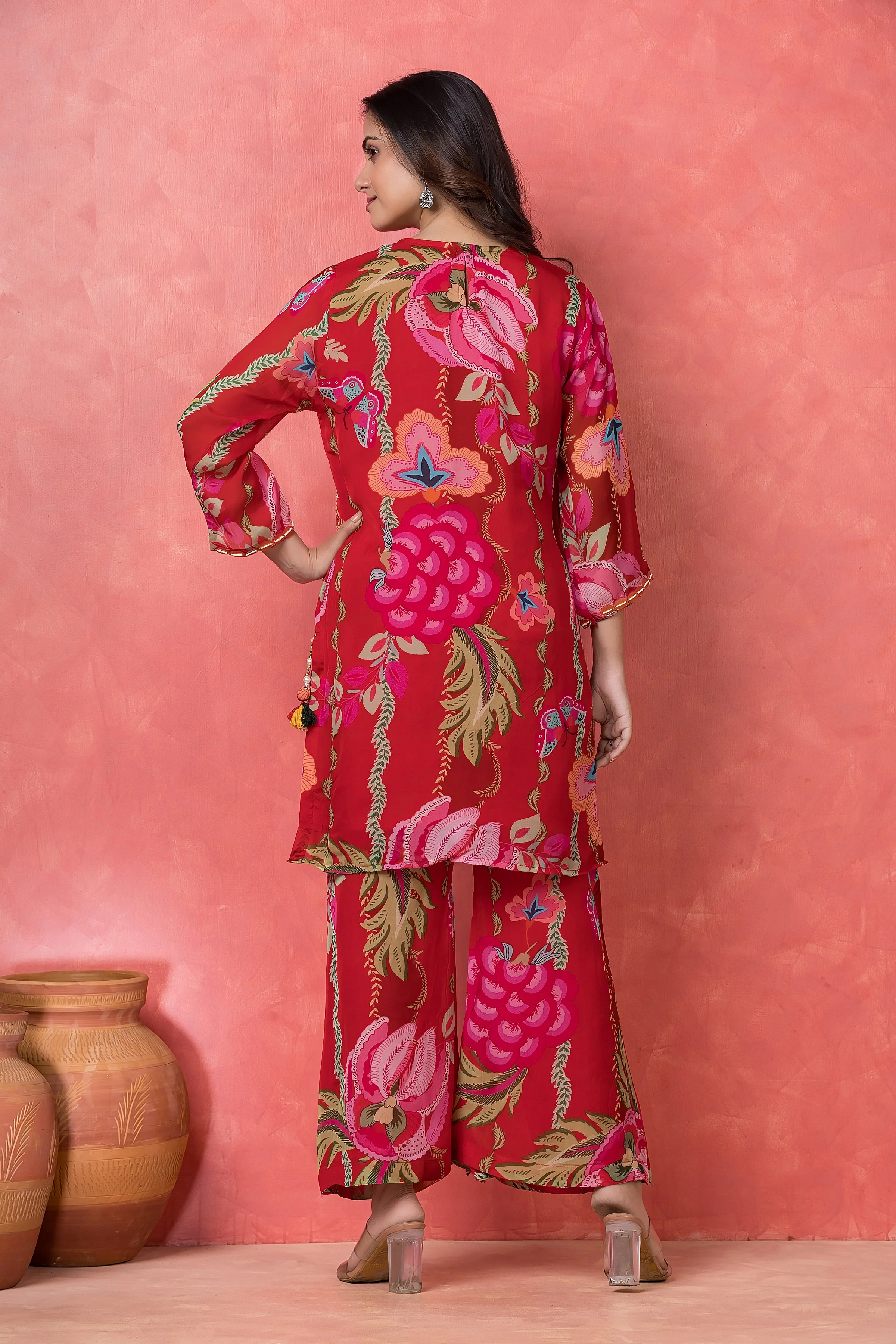 Crimson Red Floral Printed Organza Silk Kurta Set - Image 3