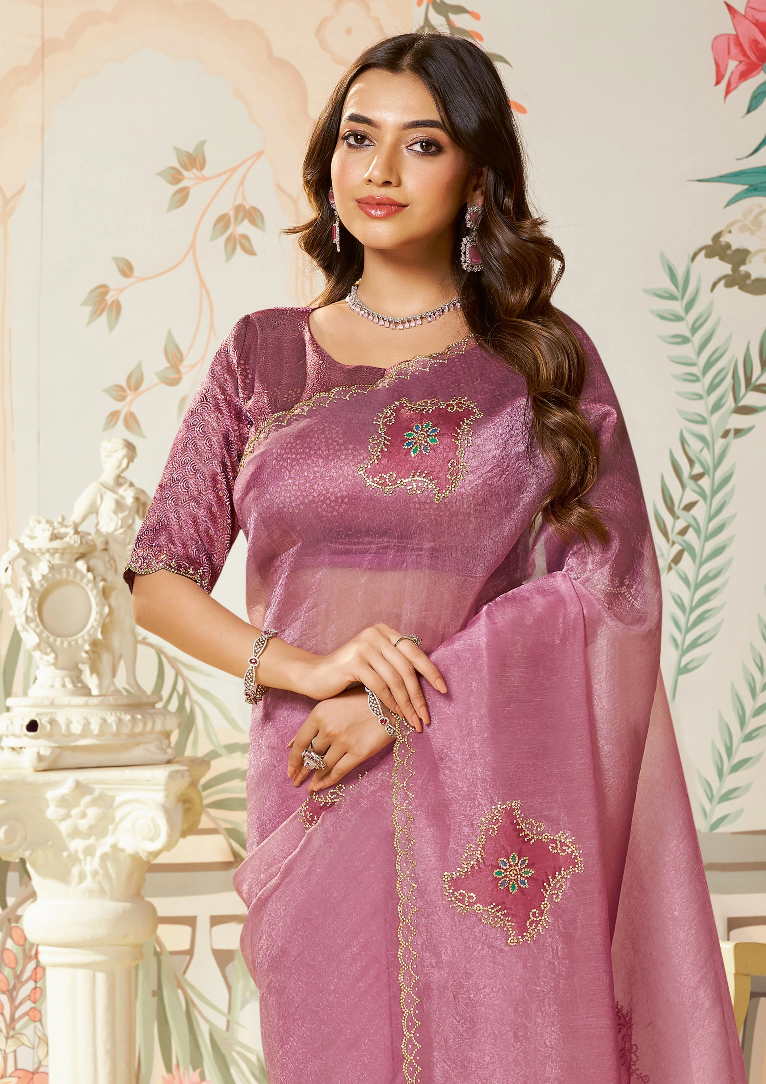 Dusty Pink Embellished Organza Silk Saree - Image 2
