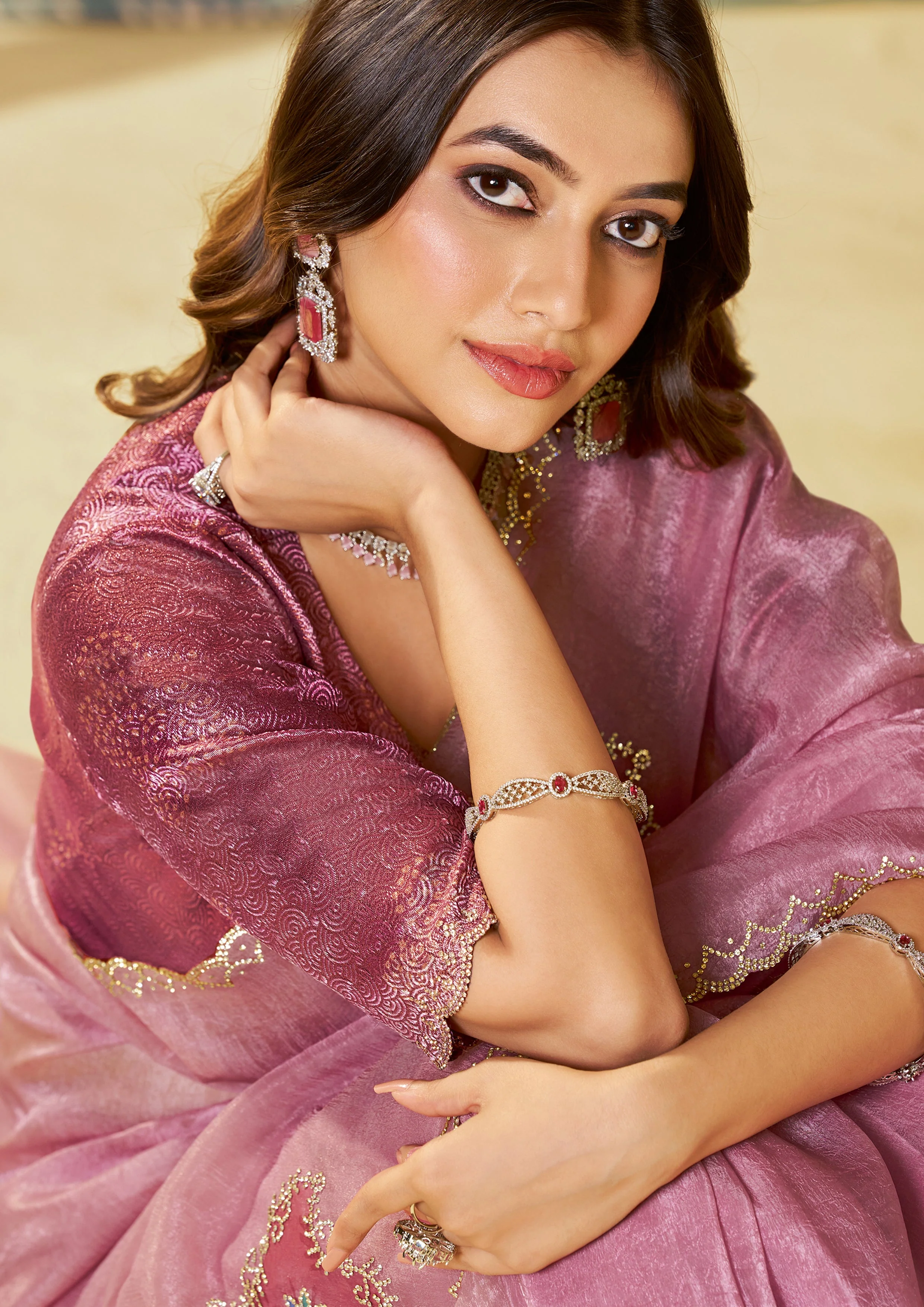 Dusty Pink Embellished Organza Silk Saree - Image 3