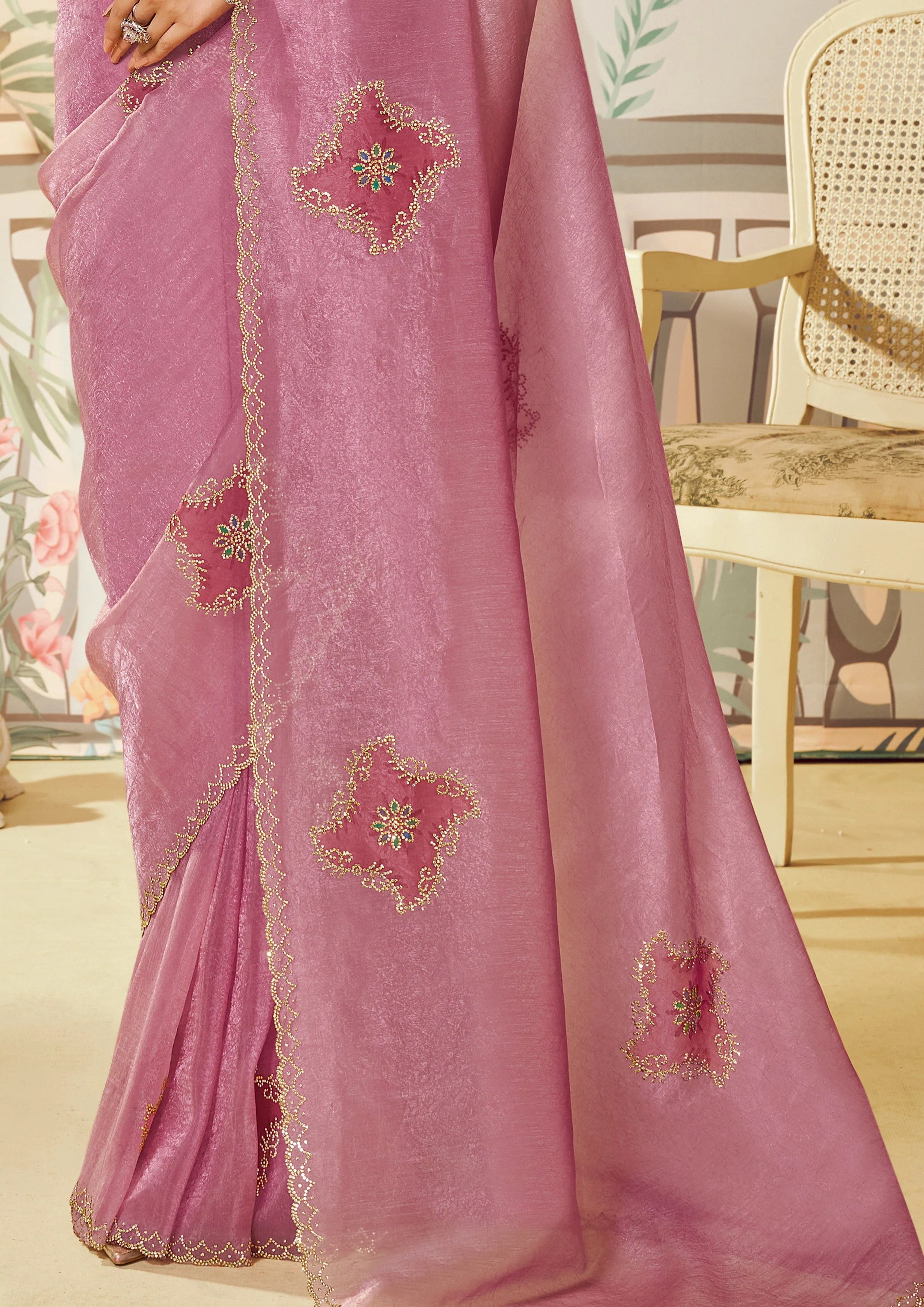 Dusty Pink Embellished Organza Silk Saree - Image 4