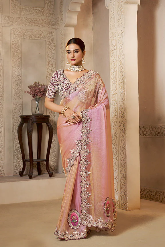 Dusty Rose Embellished Organza Silk Saree