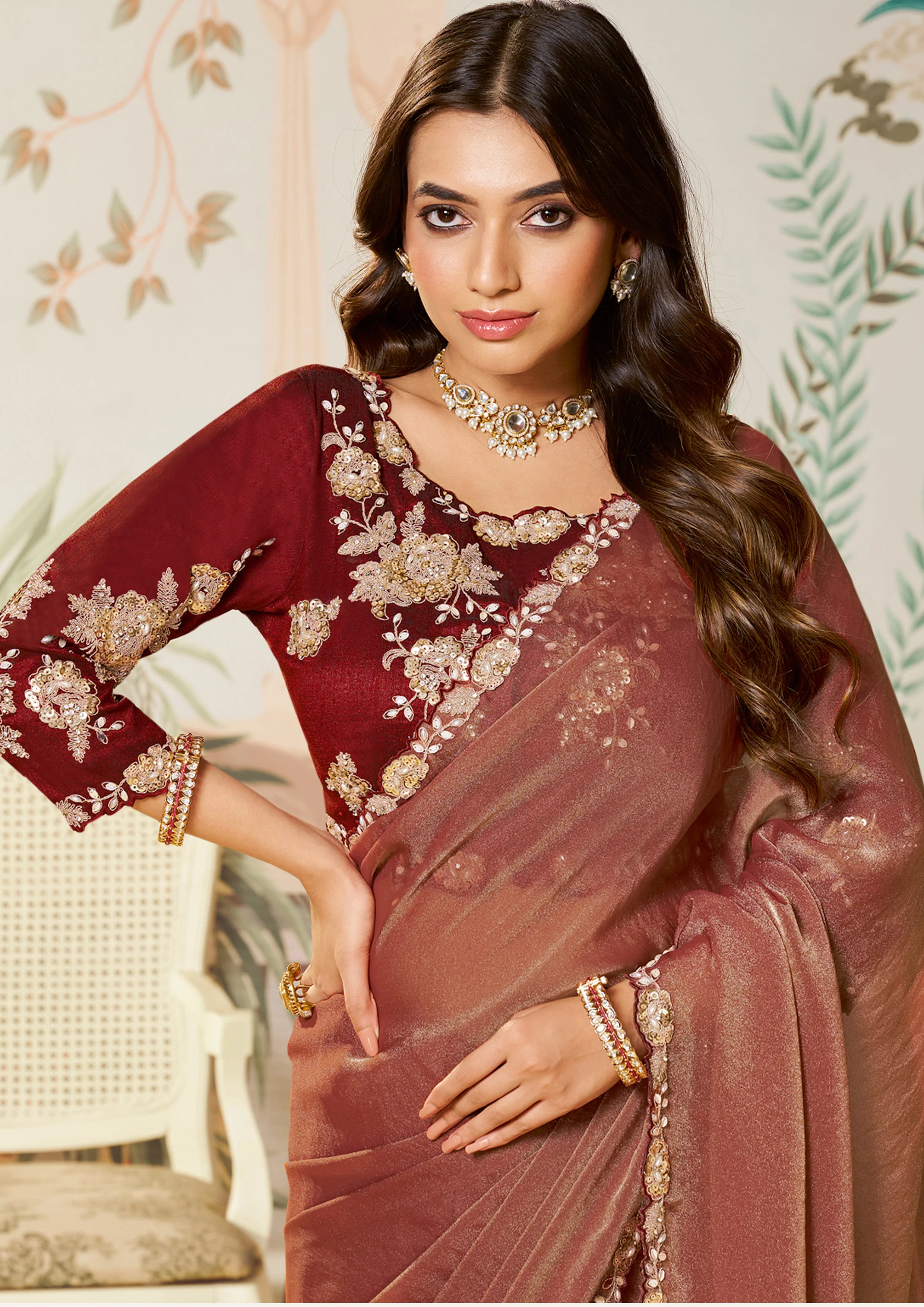 Berry Red Embellished Tussar Silk Saree - Image 2