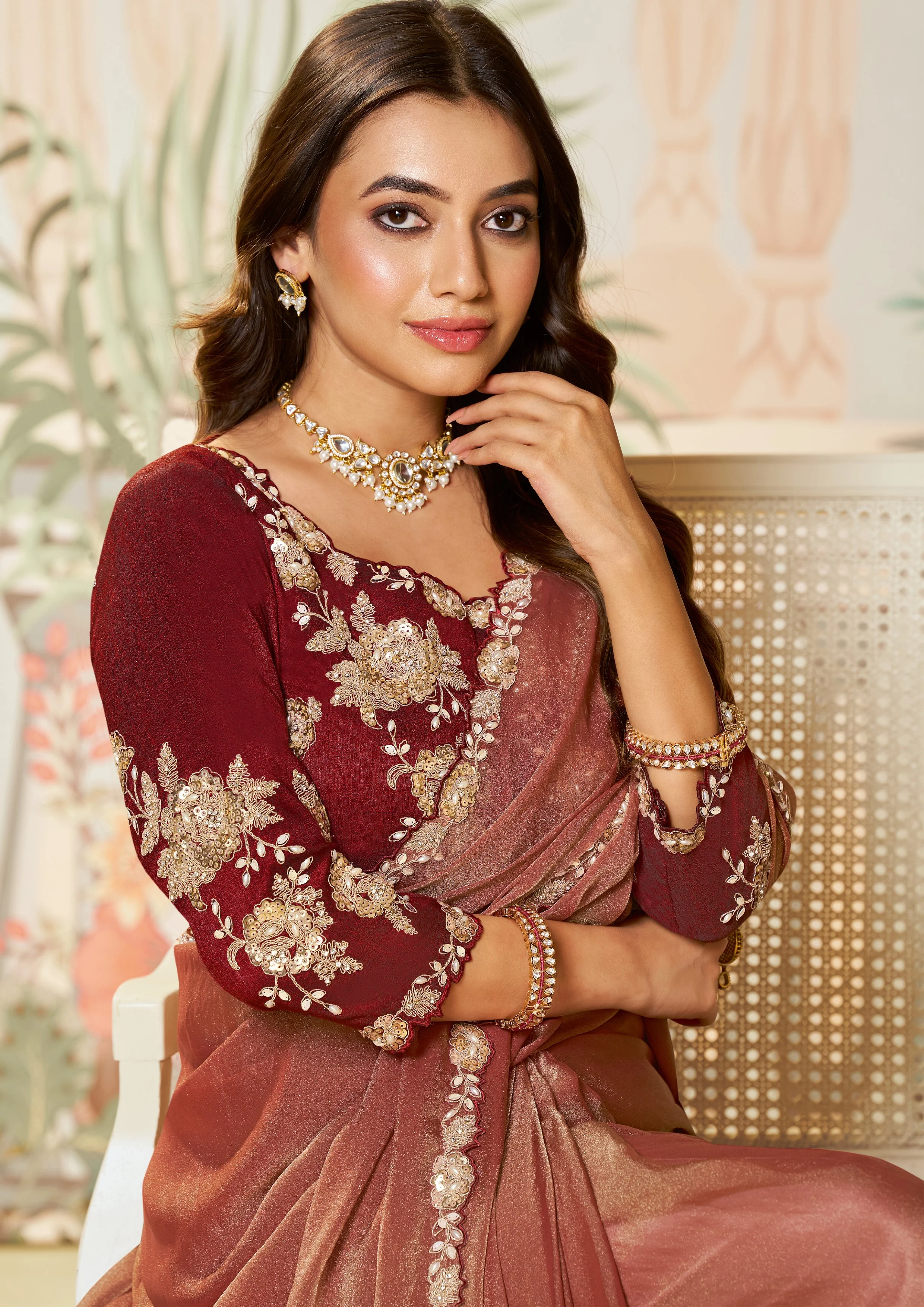 Berry Red Embellished Tussar Silk Saree - Image 3