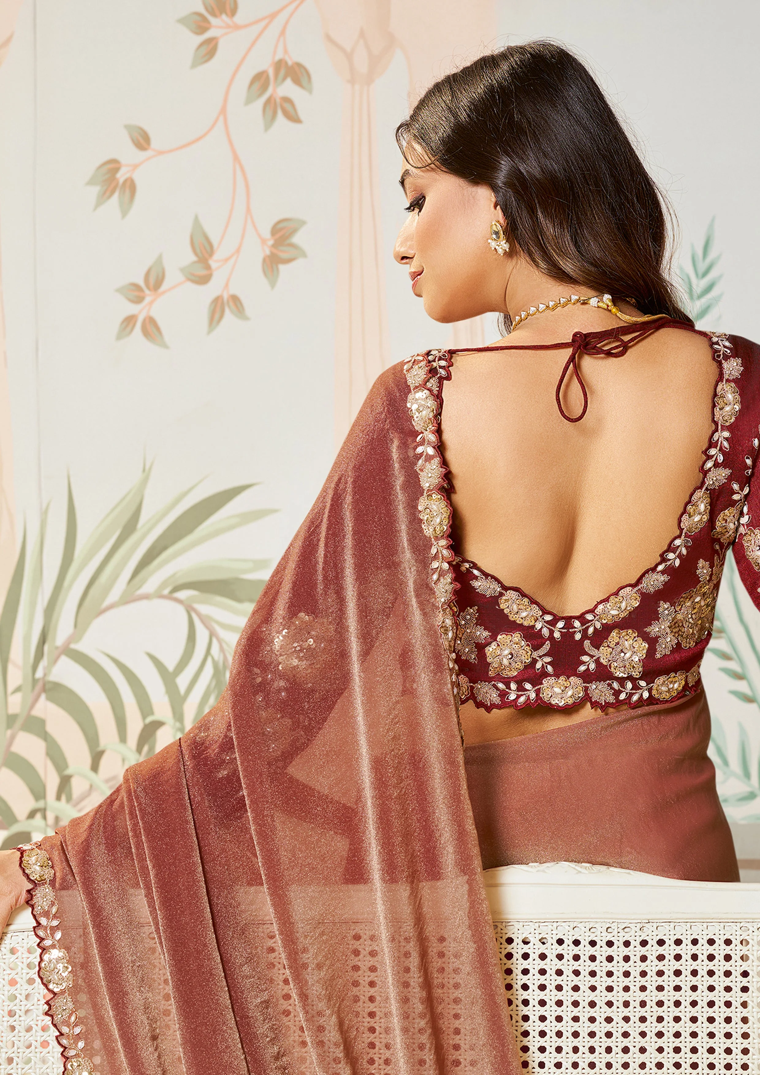 Berry Red Embellished Tussar Silk Saree - Image 4