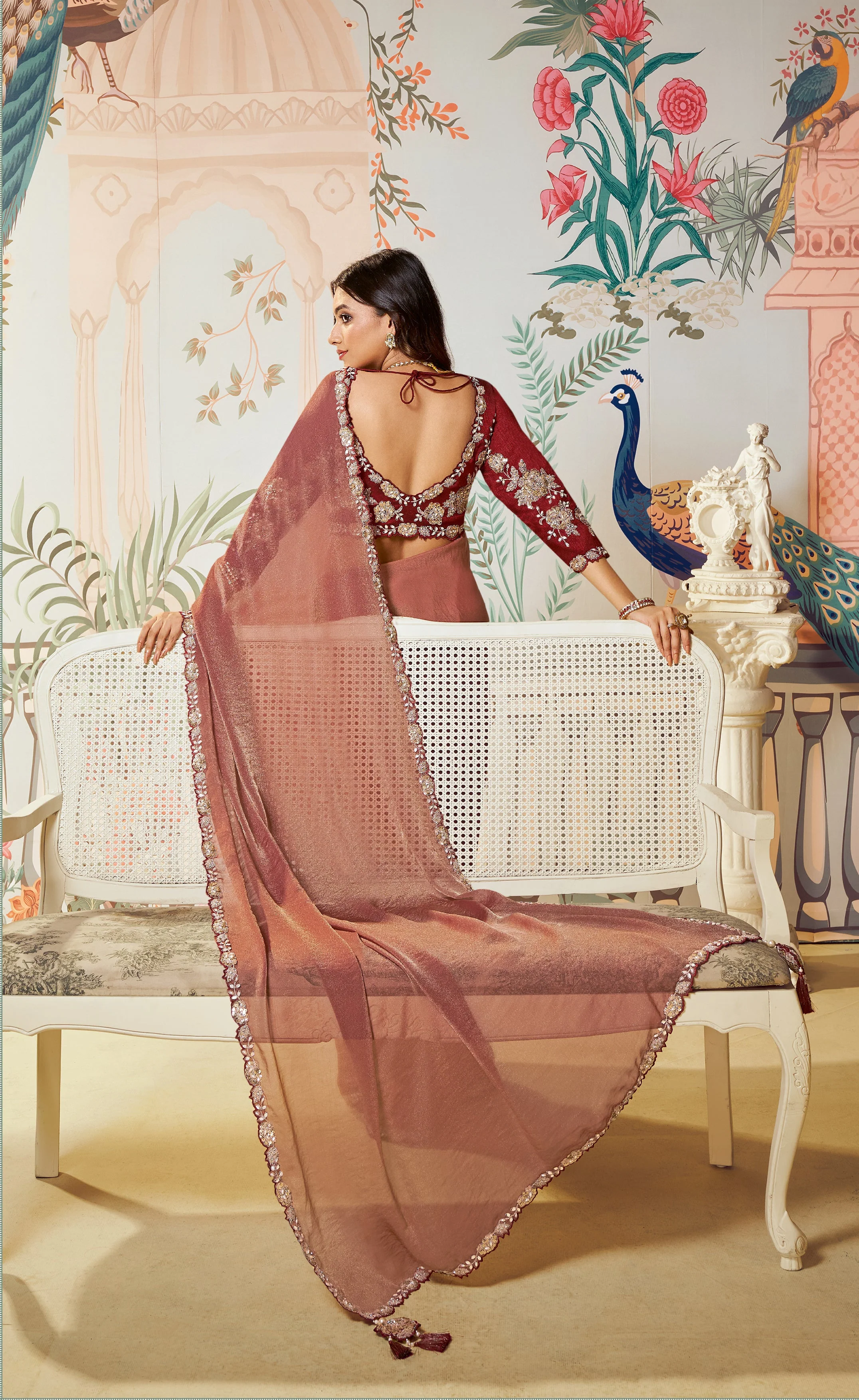 Berry Red Embellished Tussar Silk Saree - Image 5