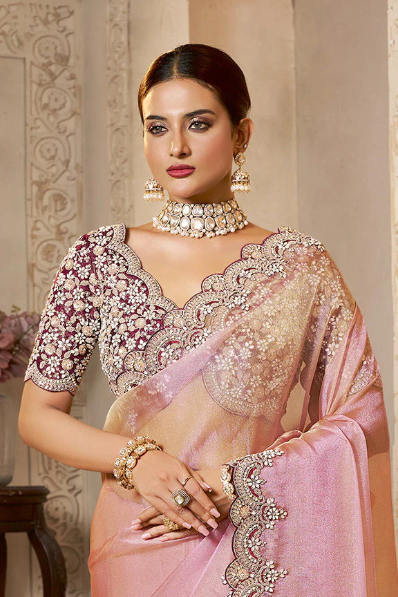 Dusty Rose Embellished Organza Silk Saree - Image 2