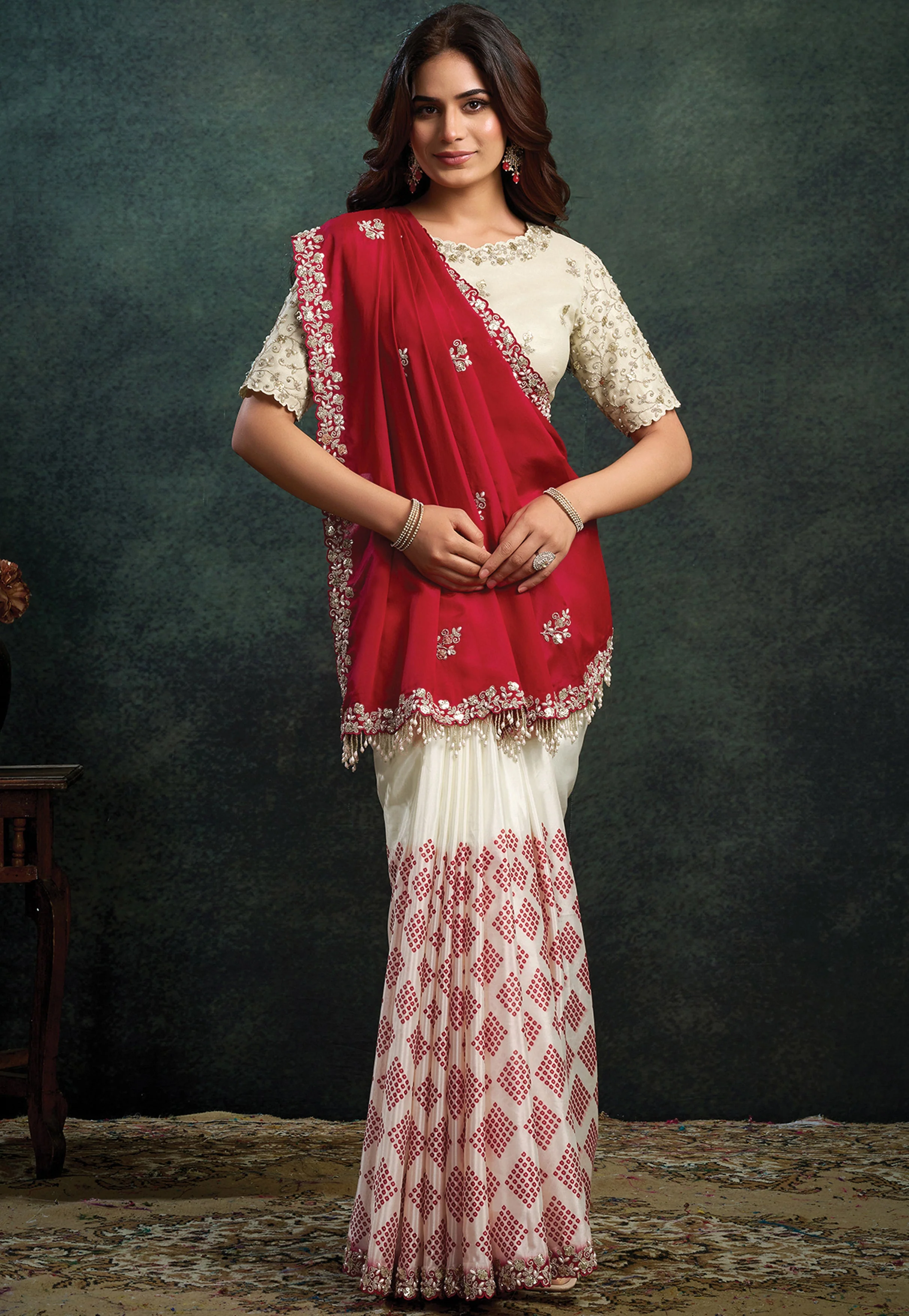 Crimson Pearl Embellished Satin Silk Saree - Image 2