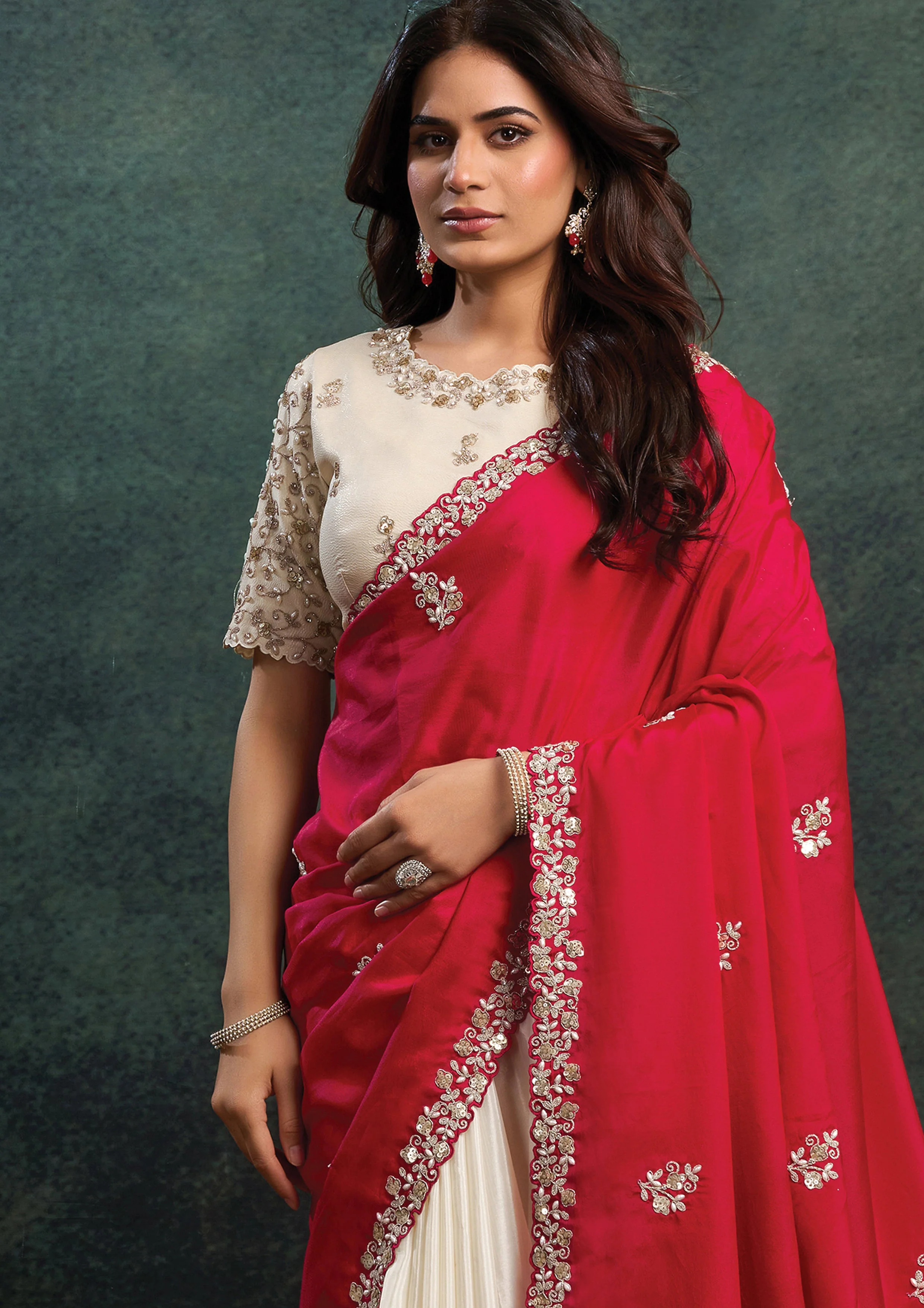 Crimson Pearl Embellished Satin Silk Saree - Image 4