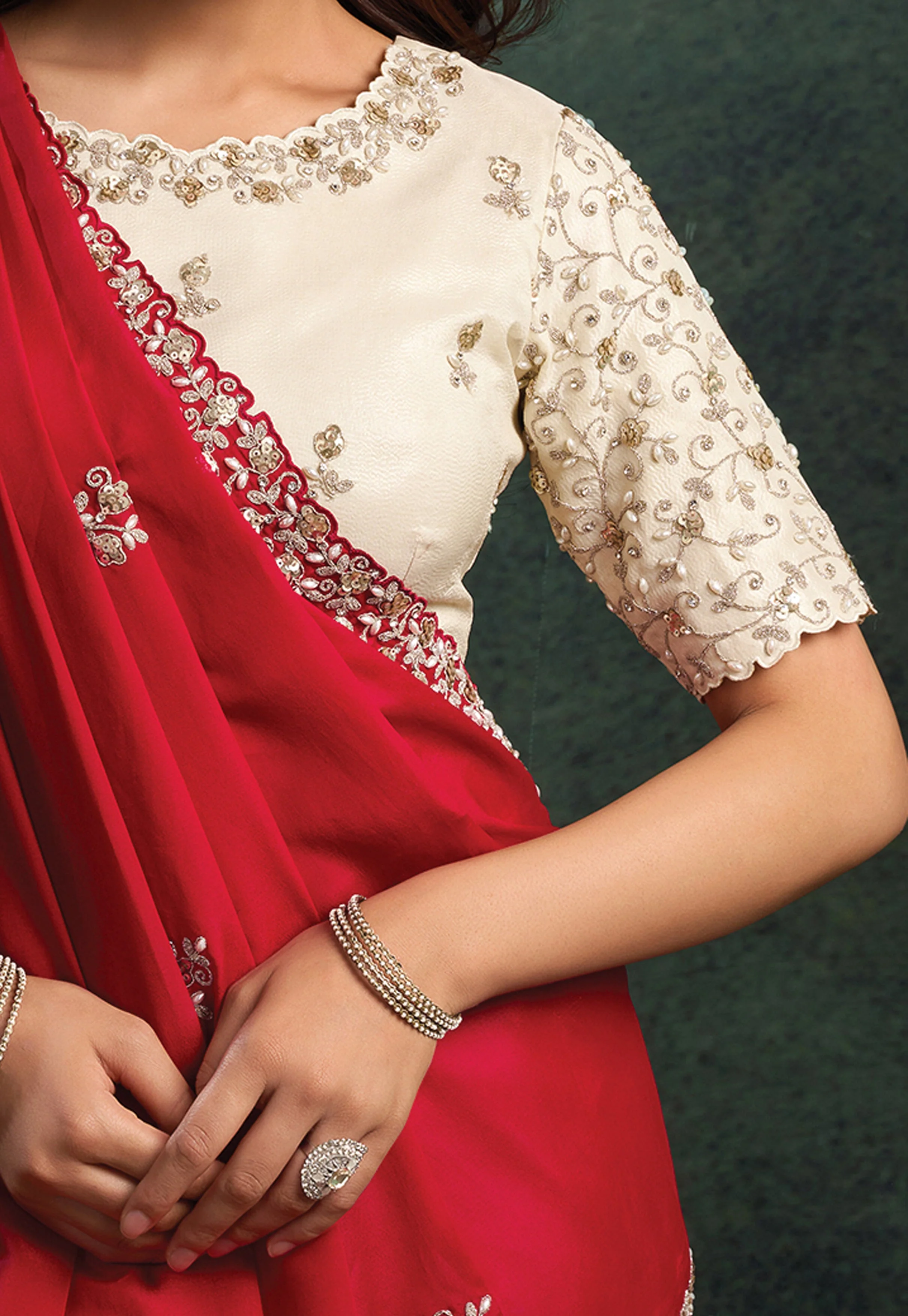 Crimson Pearl Embellished Satin Silk Saree - Image 5