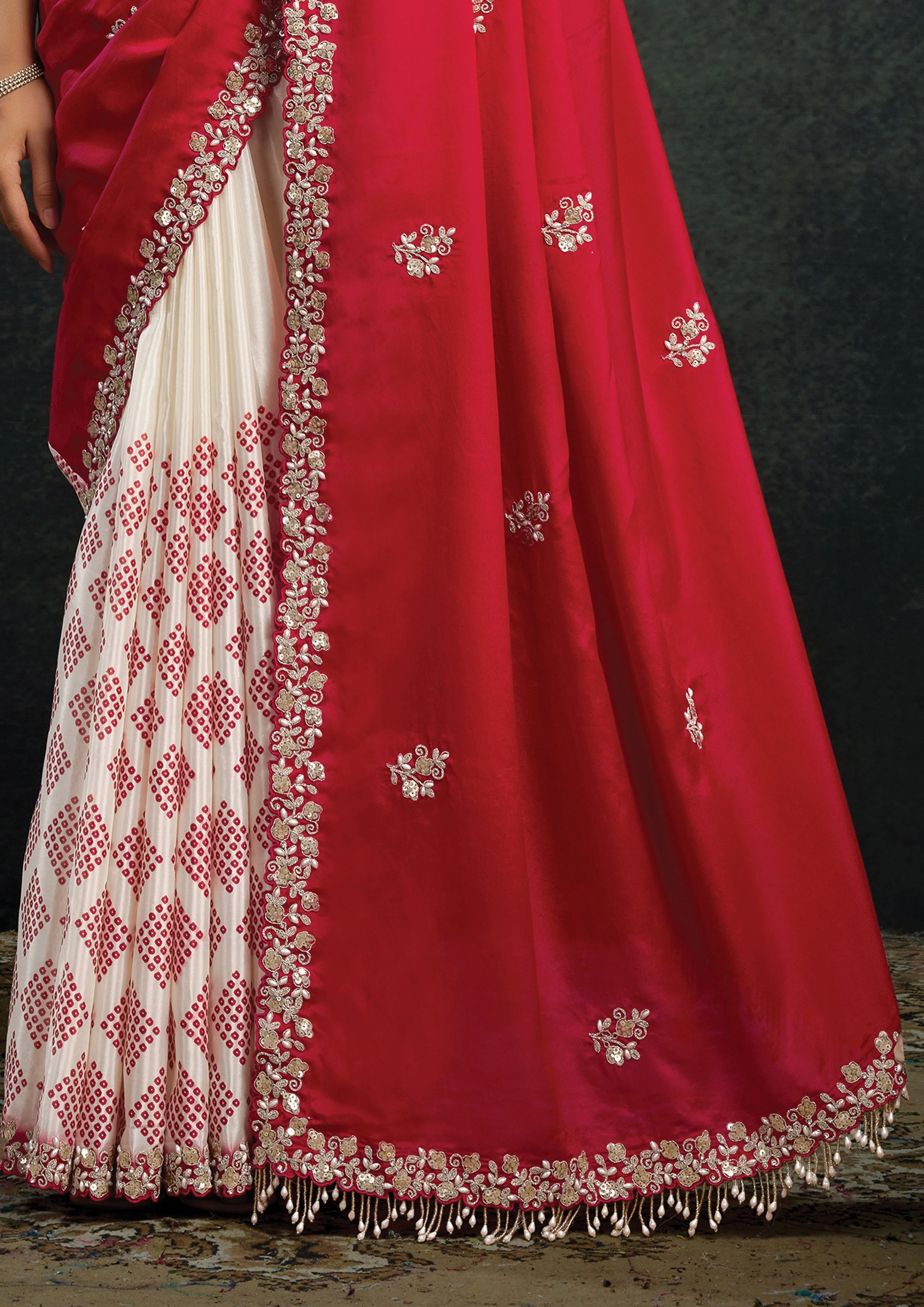 Crimson Pearl Embellished Satin Silk Saree - Image 6